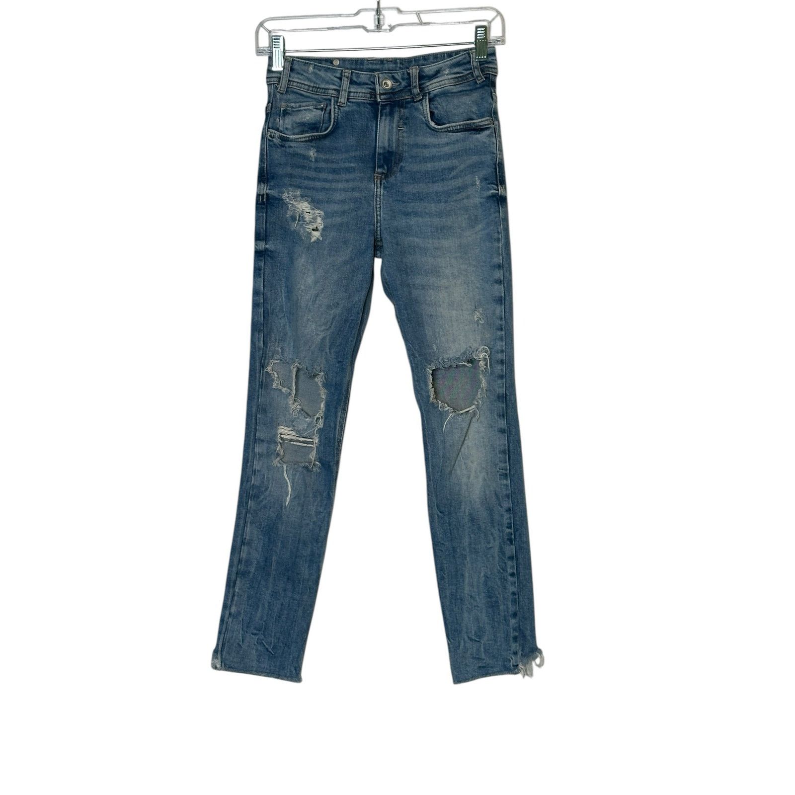 Zara Trafaluc Denimwear blue distressed straight leg jeans size 4 Size 27" / US 4 / IT 40 - 7 Thumbnail