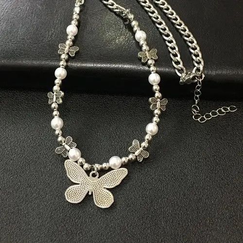 Jewelry Goth Harajuku Butterfly Pearl Pendant Chain Choker Necklace Size ONE SIZE - 2 Thumbnail