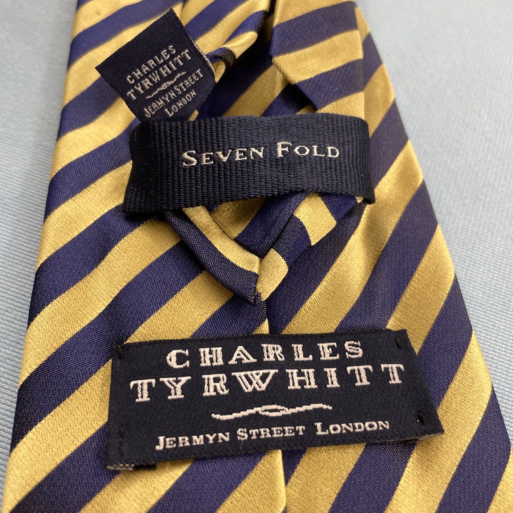 Charles Tyrwhitt Charles Tyrwhitt Seven Fold Tie Silk 3.7" x 62" Long Men Yellow Blue Stripe Handmade Tie Size ONE SIZE - 5 Thumbnail