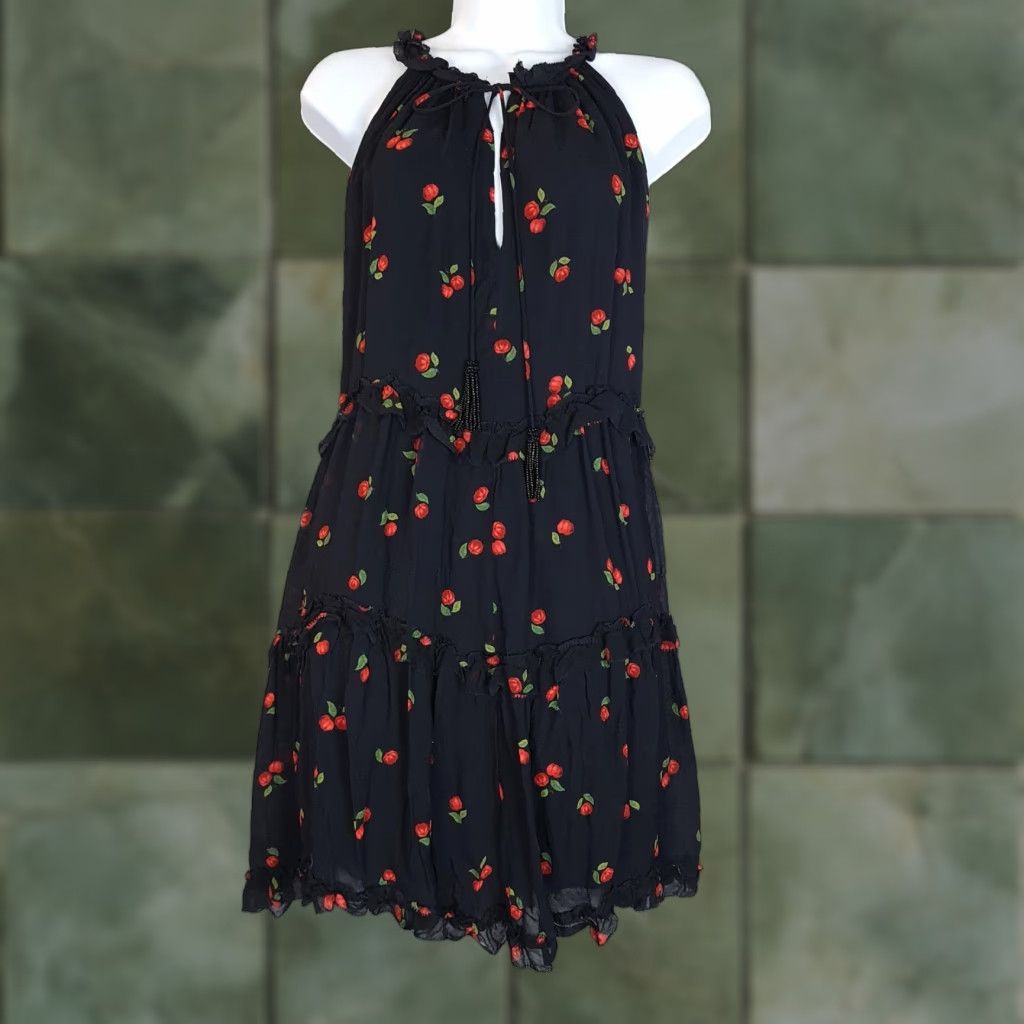 Farm Rio VINTAGE Farm Rio Dress Womens XS / S Black Cherry Print Tiered Ruffle Halter Mini Lined Size S / US 4 / IT 40 - 1 Thumbnail