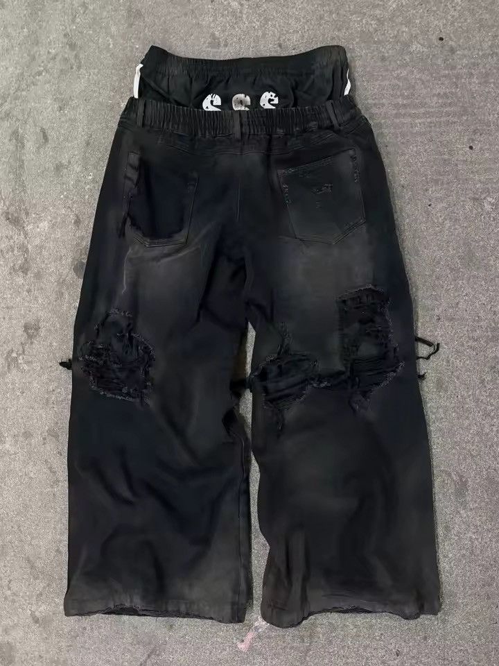 Jean Distressed Patchwork Striped Hip Hop Baggy Pants Jeans Size US 34 / EU 50 - 3 Thumbnail