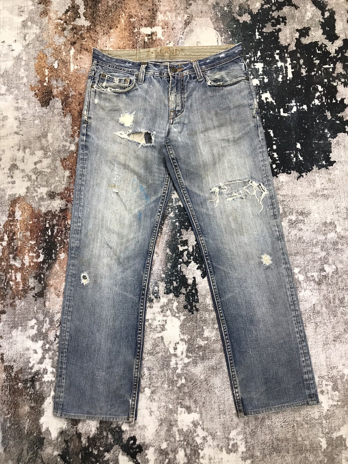 image of Japanese Z Brand Light Wash Distressed Denim Jeans in Blue, Men's (Size 33)