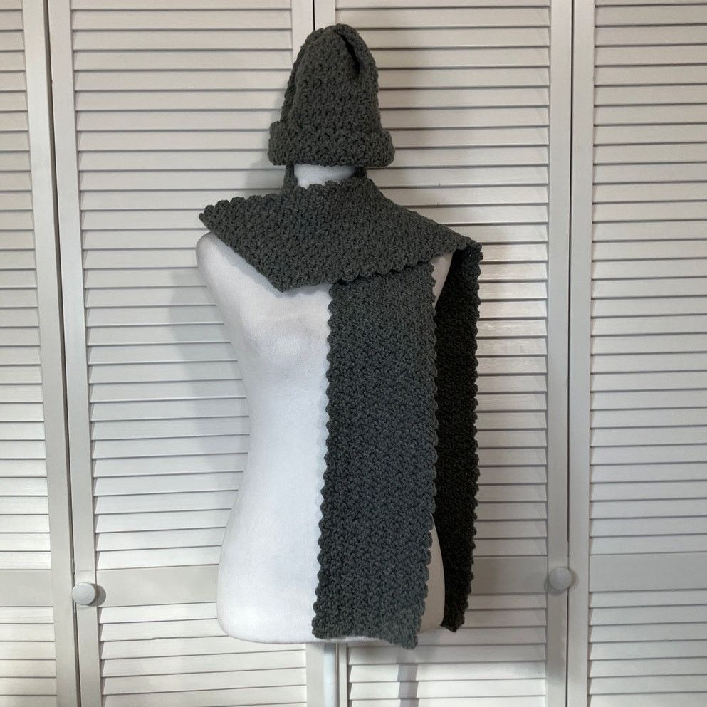 Handmade NWT Handmade Crocheted Gray Adult Matching Beanie Scarf 75” Size ONE SIZE - 1 Thumbnail