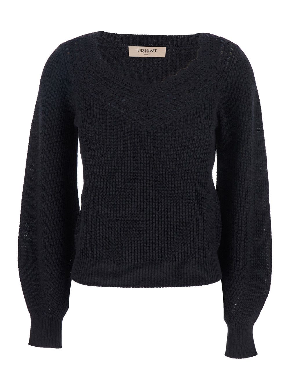 TWINSET Black Sweater with Embroidered Collar and Elastic Cuffs in Wool and Cotton Woman Size S / US 4 / IT 40 - 1 Thumbnail