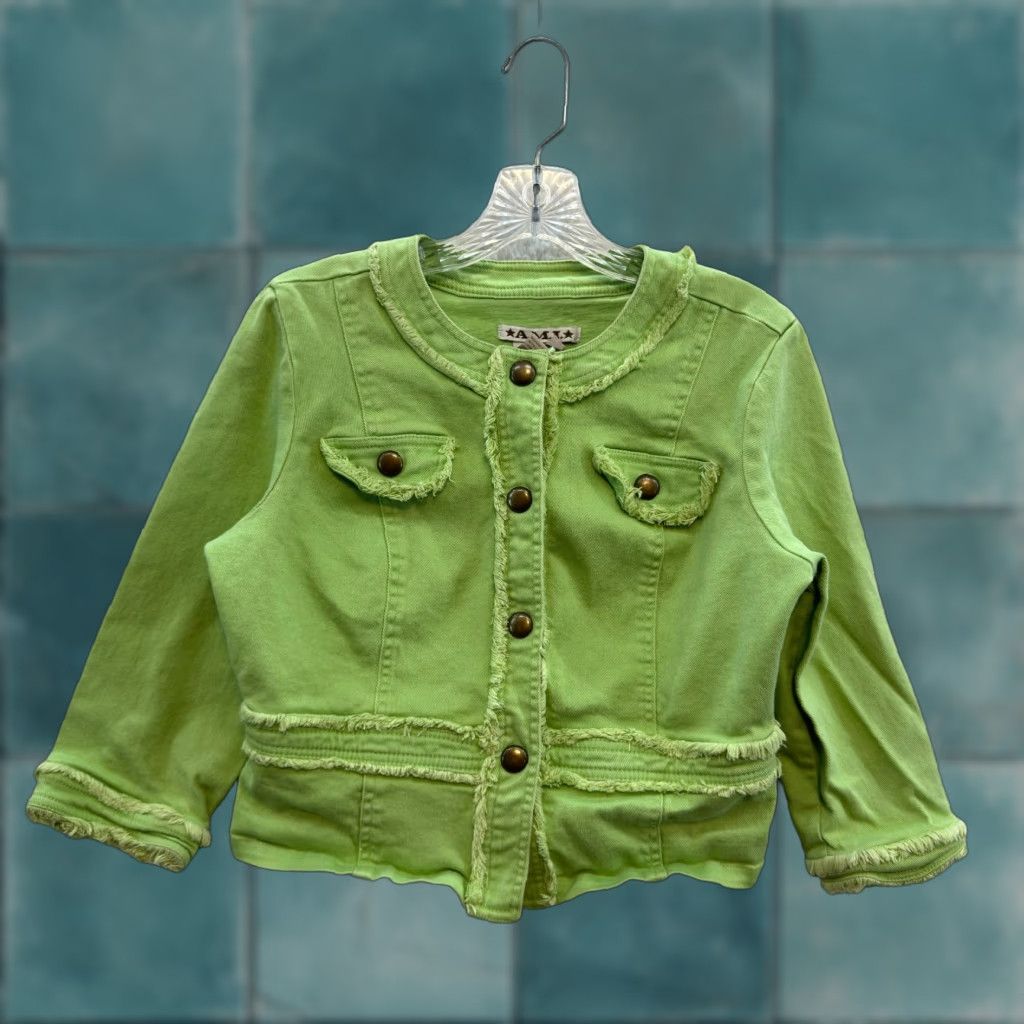 Vintage Y2K Vintage Denim Jacket Medium Lime Neon Green Military Cyber Rave Jacket M Green Shirts, Denim, Grunge, A.M.I. Mens Size M / US 6-8 / IT 42-44 - 1 Thumbnail