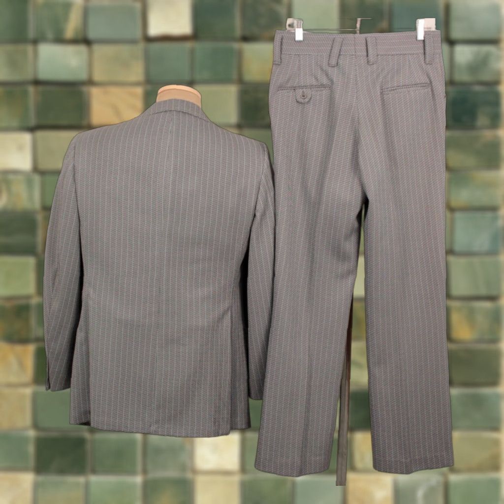 Vintage VINTAGE Men's VTG 70s Blue Pinstripe 2 PC Leisure Suit Sz M 1970s Disco Shirt Jacket Pants Mens Size 40R - 1 Thumbnail