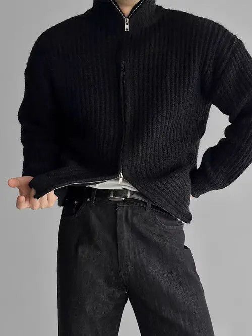 Japanese Brand Vintage Double Zipper Black L Knit Stand-Up Jacket Coat Size US L / EU 52-54 / 3 - 2 Thumbnail