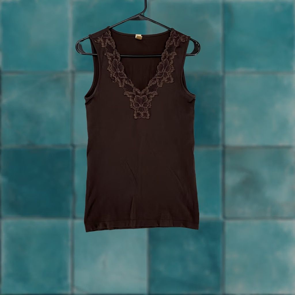 Banana Republic VINTAGE Banana Republic Tank Womens Medium Brown Y2K Lace Trim Camisole Fairy Grunge Size ONE SIZE - 1 Thumbnail