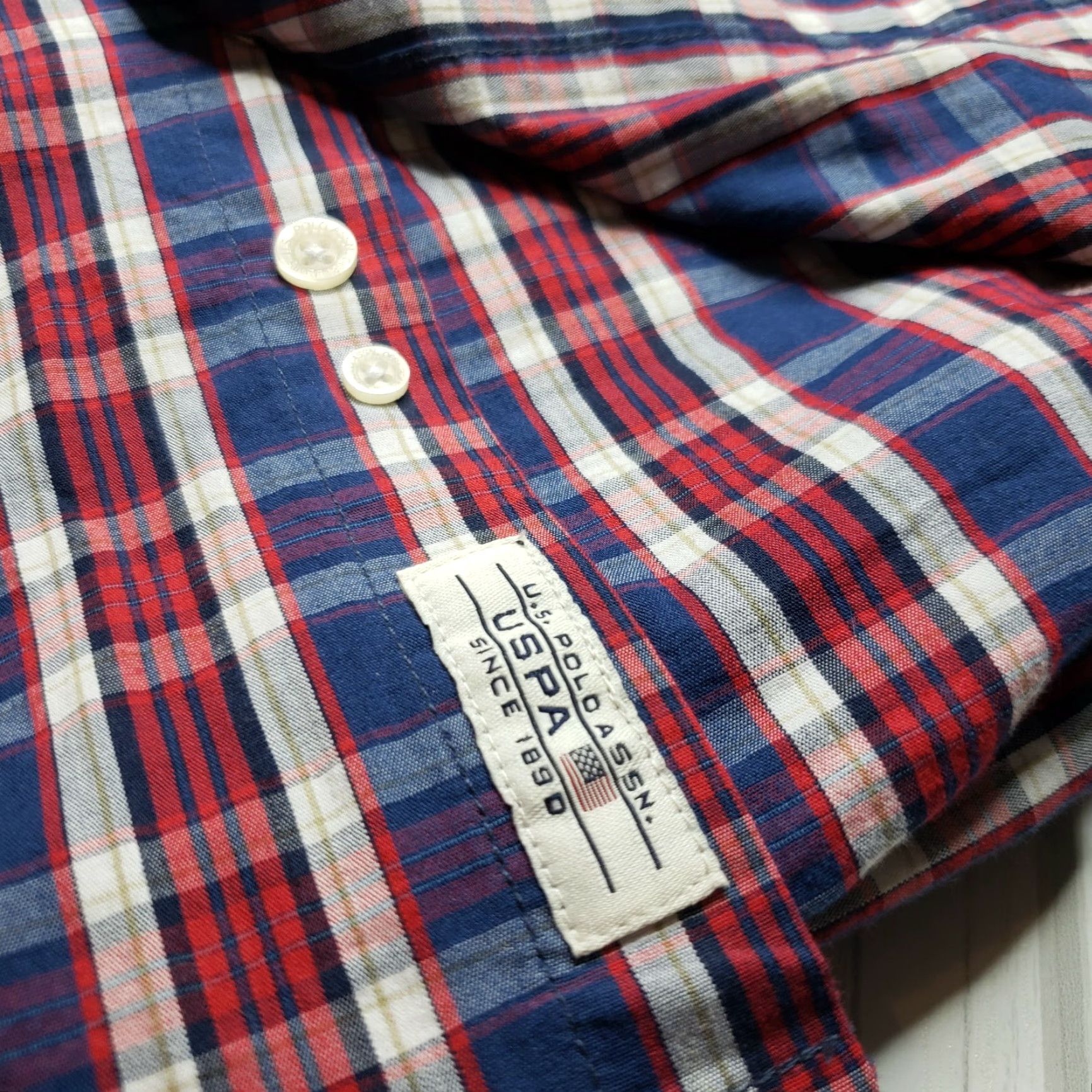 US Polo Assn Button-Down Shirt Long Sleeve XL Crest Plaid Red White Blue Cotton Blend Men's Shirt