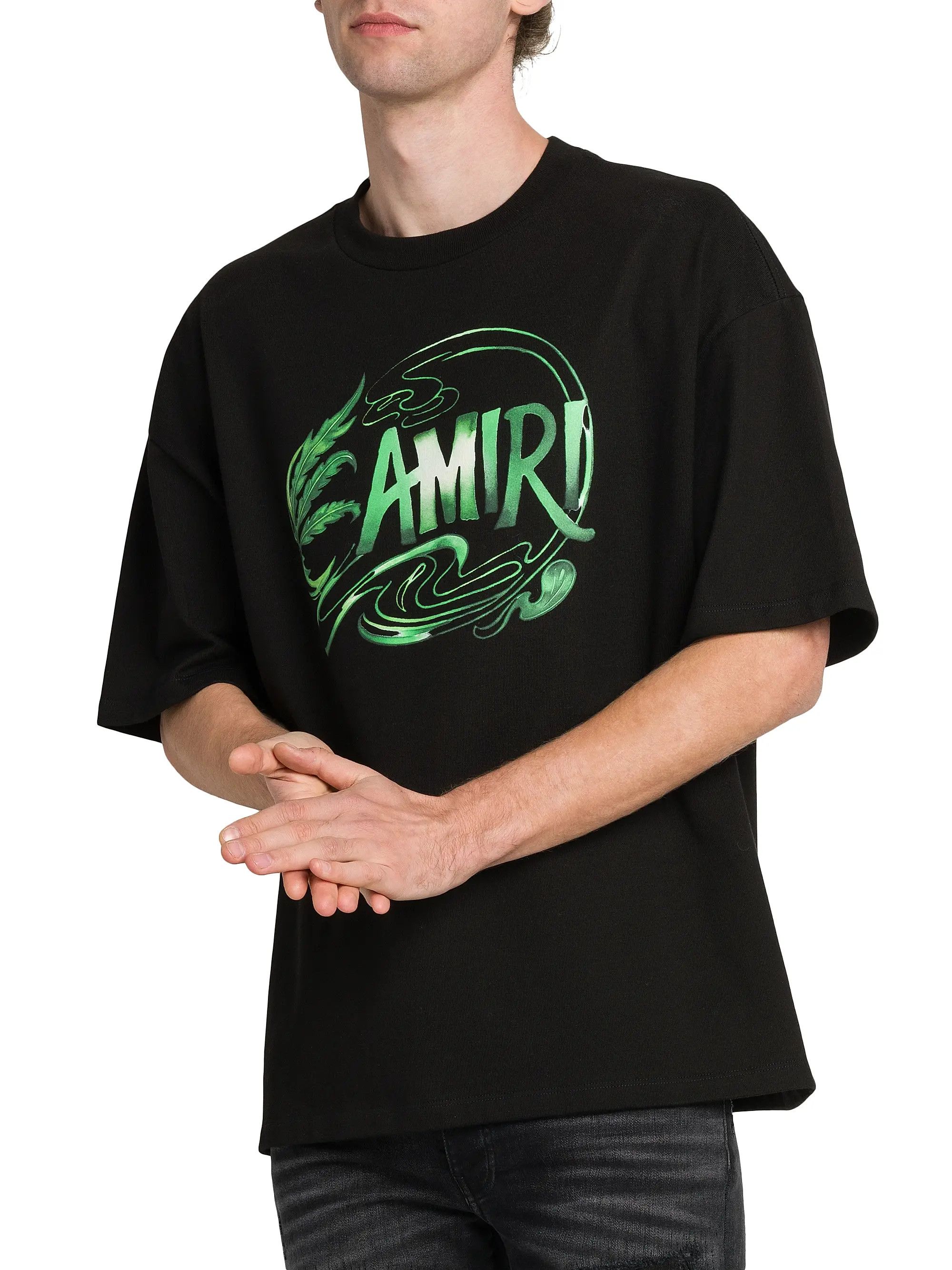 Amiri os11x1225 Leaf Cotton Oversized Crewneck T-Shirt in Black Size US M / EU 48-50 / 2 - 4 Thumbnail