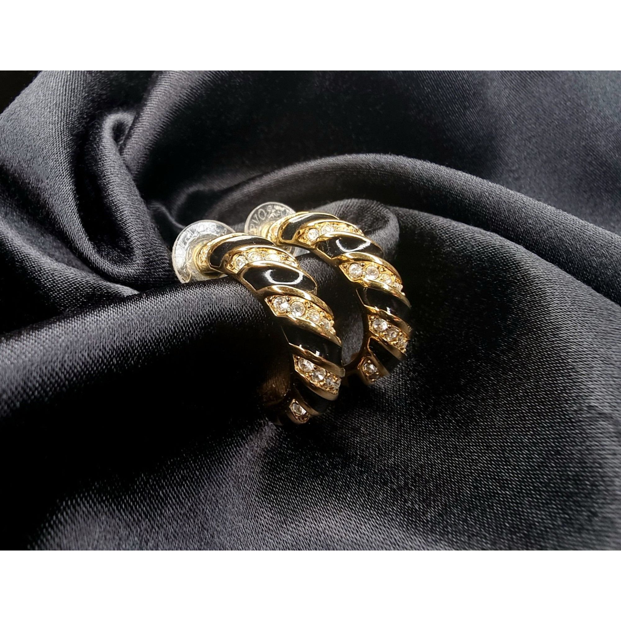 Swarovski Vintage Swarovski 1980's Black Gold-Tone Crystal Hoop Earrin Size ONE SIZE - 1 Thumbnail