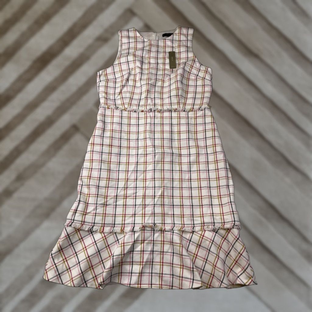J.Crew NWT J.CREW A-Line Dress Sleeveless Crew Neck Zip Knee Length Multicolor Windowpane Cotton Tweed Fringe Lined Size 10 Womens Size L / US 10 / IT 46 - 1 Thumbnail