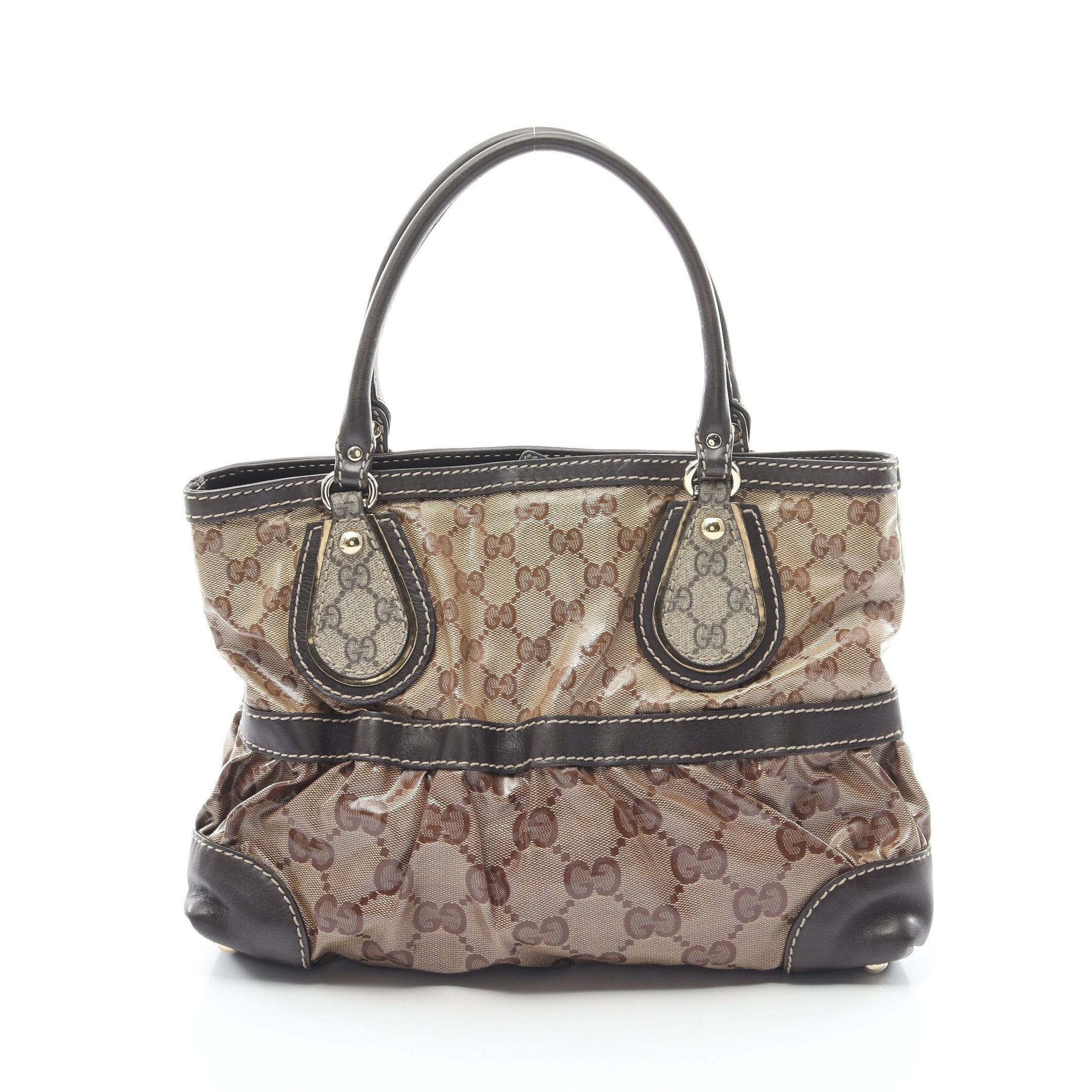 image of Gucci Gg Crystal Handbag Tote Bag Coated Canvas Leather Pvc Beige Dark Brown, Women's