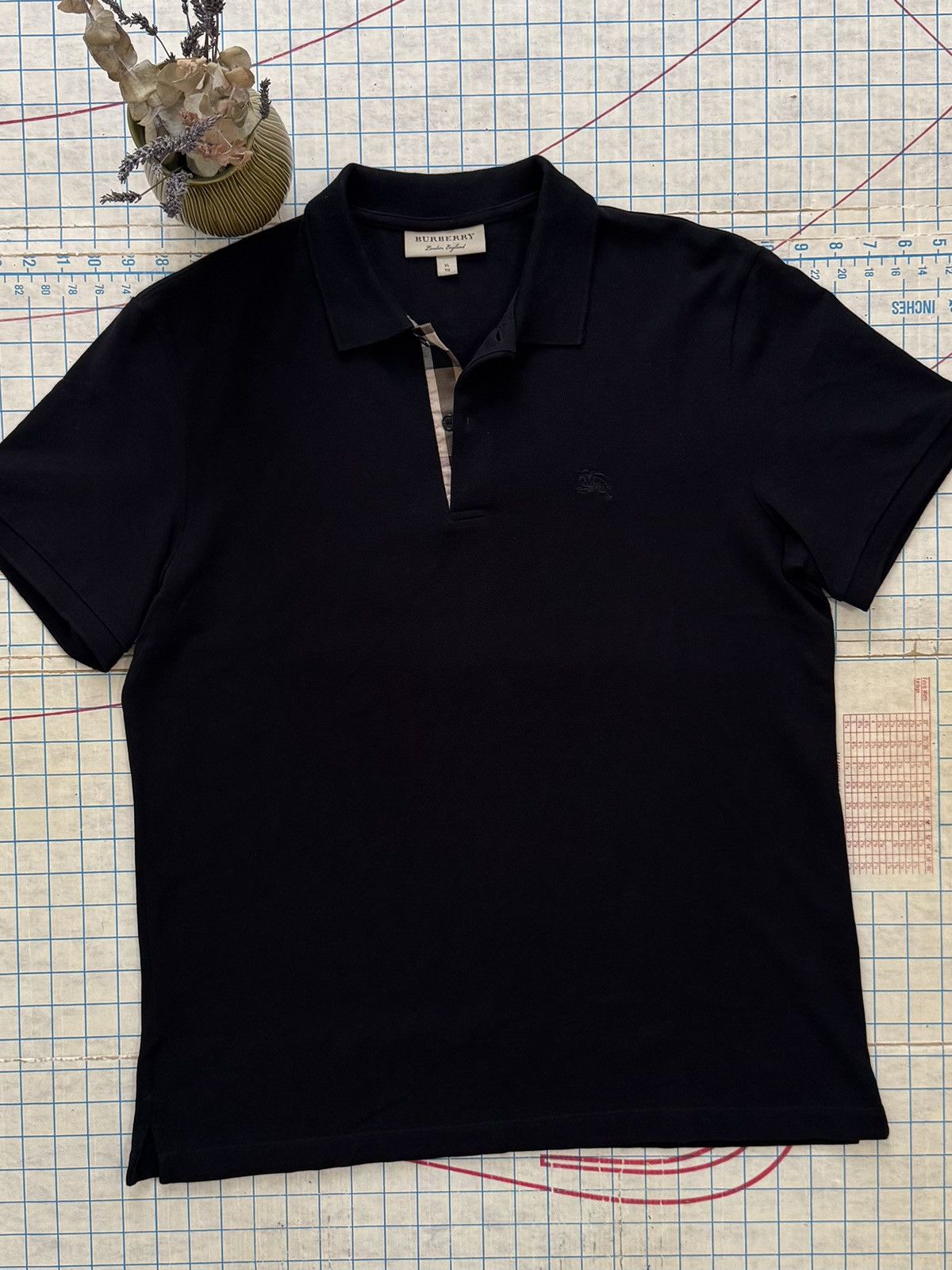 Burberry London Woman's Black Polo Shirt Nova Check Size XL