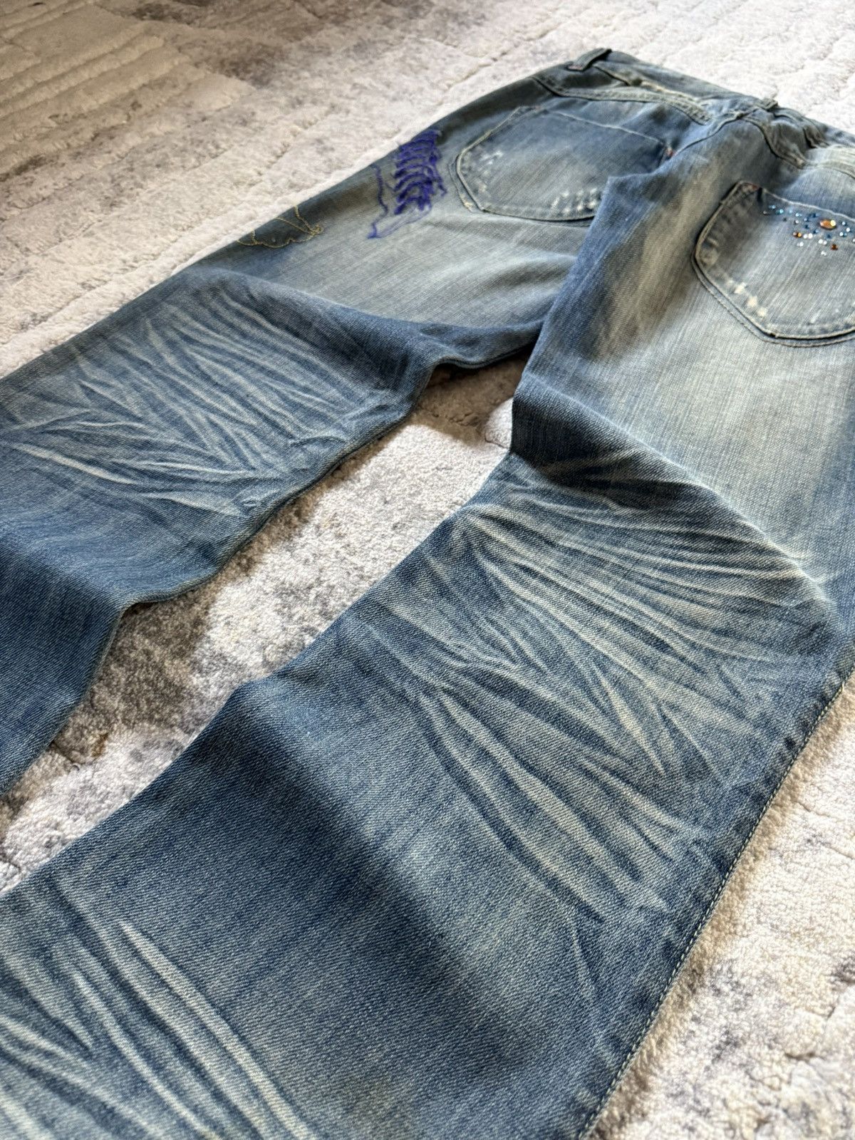 If Six Was Nine Studded Gemstone Claw Mark Muddy Wash Japanese Flared Jeans Size US 29 - 20 Thumbnail