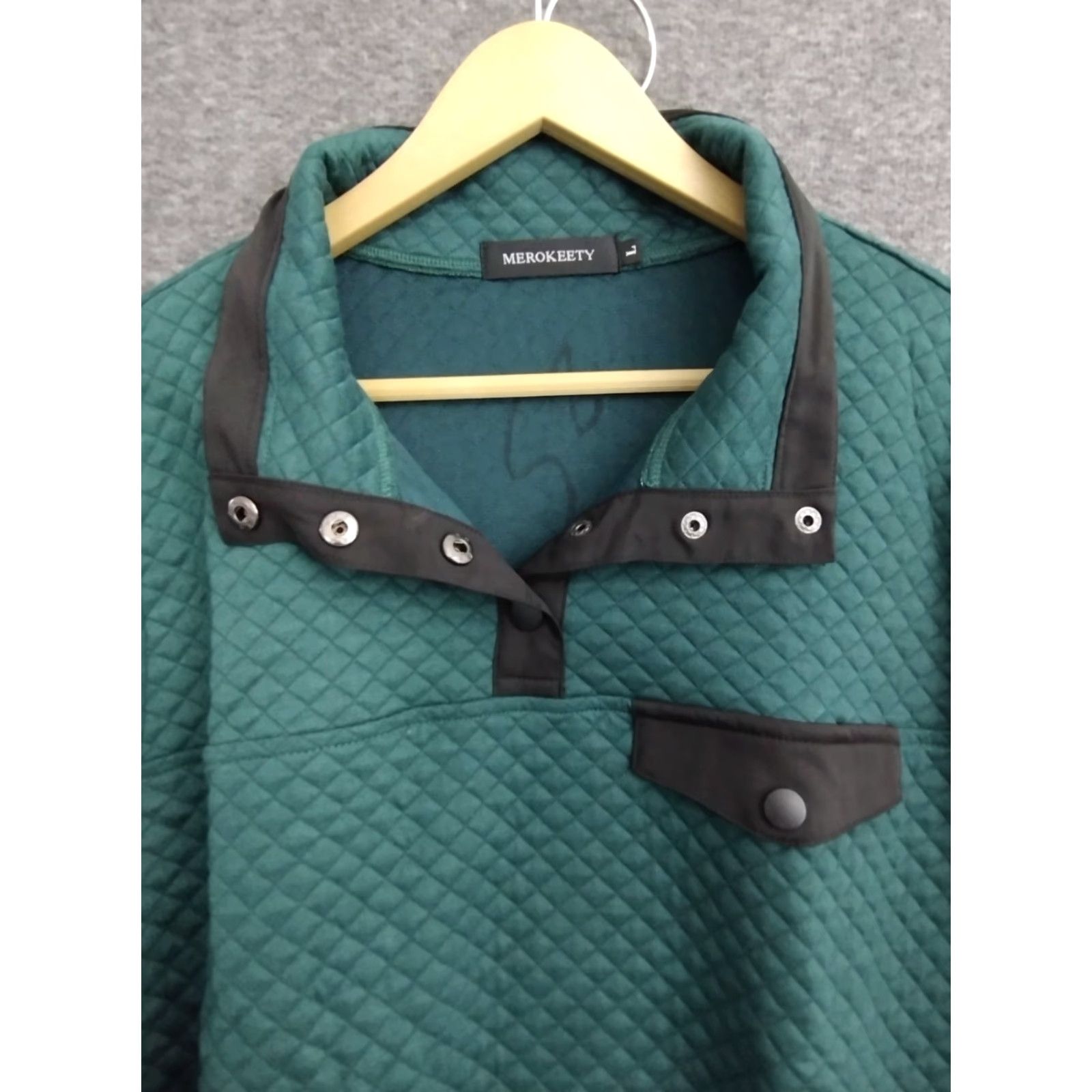 Vintage Merokeety Green Quilted Pullover Sweatshirt Top L 4 Snap Closure Pocket Women 90s Winter Casual Knit Top Size L / US 10 / IT 46 - 3 Thumbnail