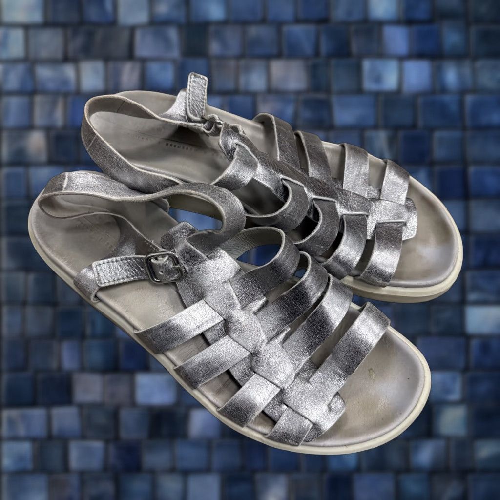 Ecco ECCO Womens Sandals 39/8 Metallic Silver Pewter Leather Strap Gladiator Flat Shoes Sandal Womens Size US 8 / IT 38 - 1 Thumbnail
