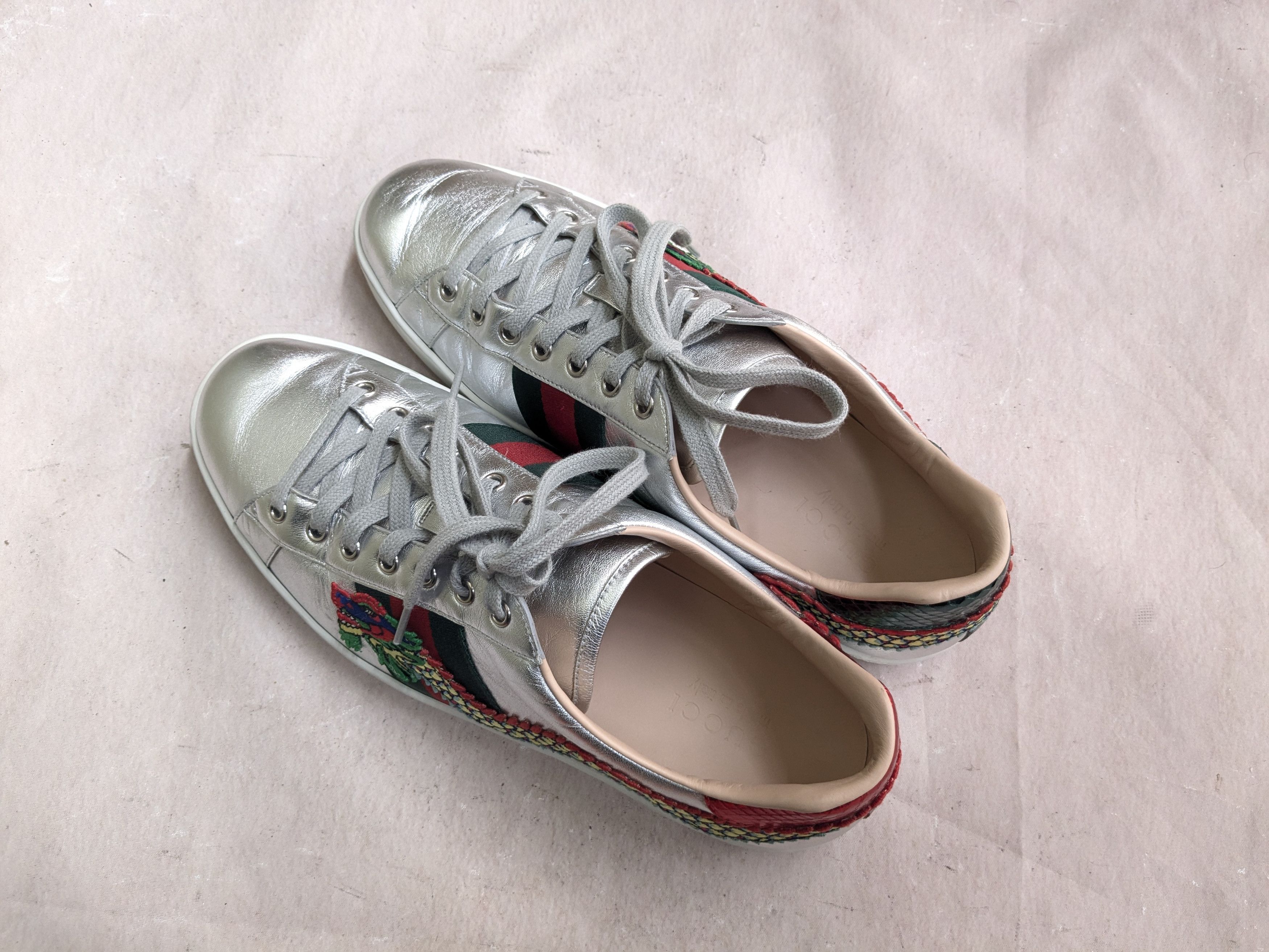 Gucci Gucci Ace Silver Dragon Sneakers 11.5 Leather Low 473765 Size US 11.5 / EU 44-45 - 15 Thumbnail