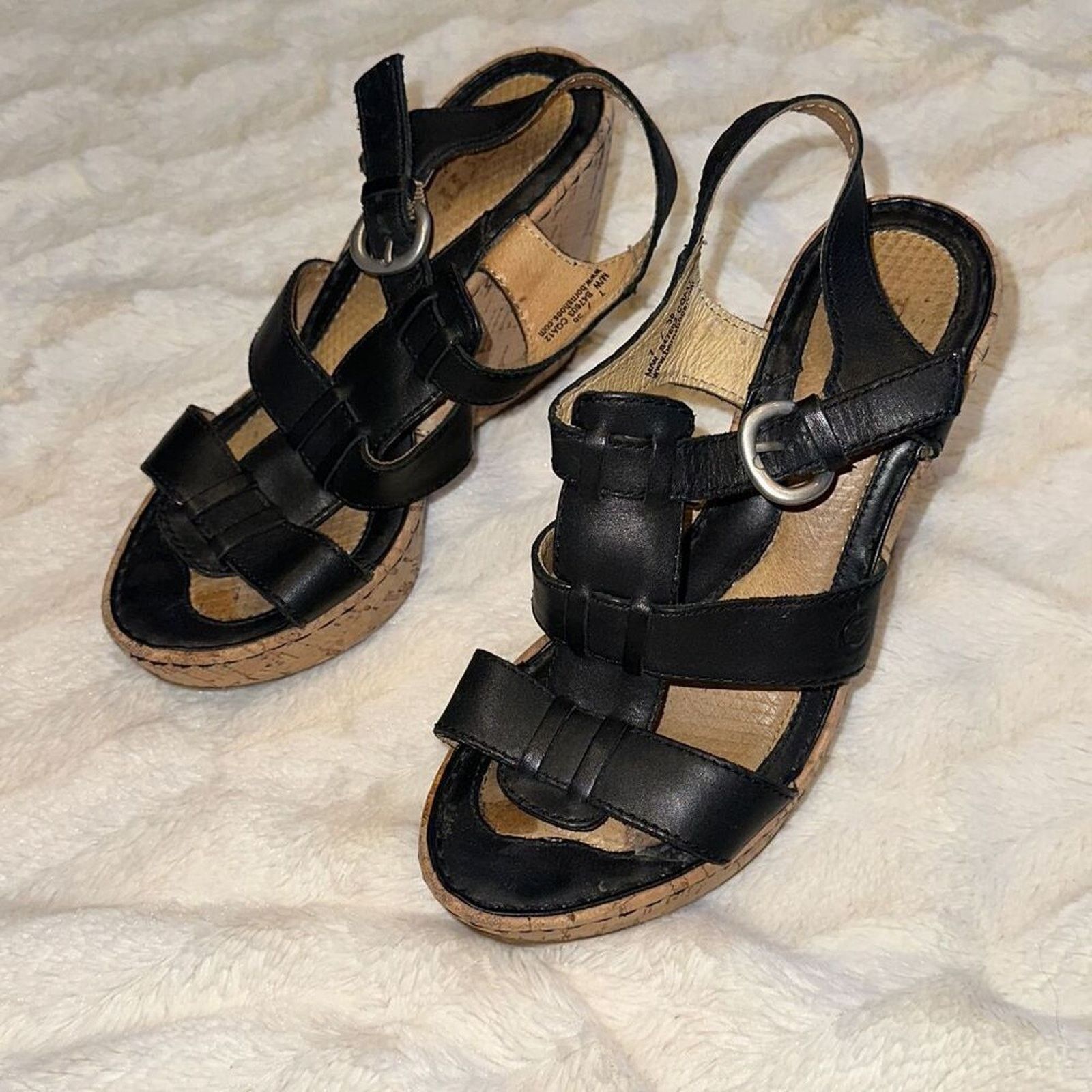 Other Born Black Patent Leather Cork Wedge Sandals | Sz 7 Size US 7 / IT 37 - 2 Thumbnail