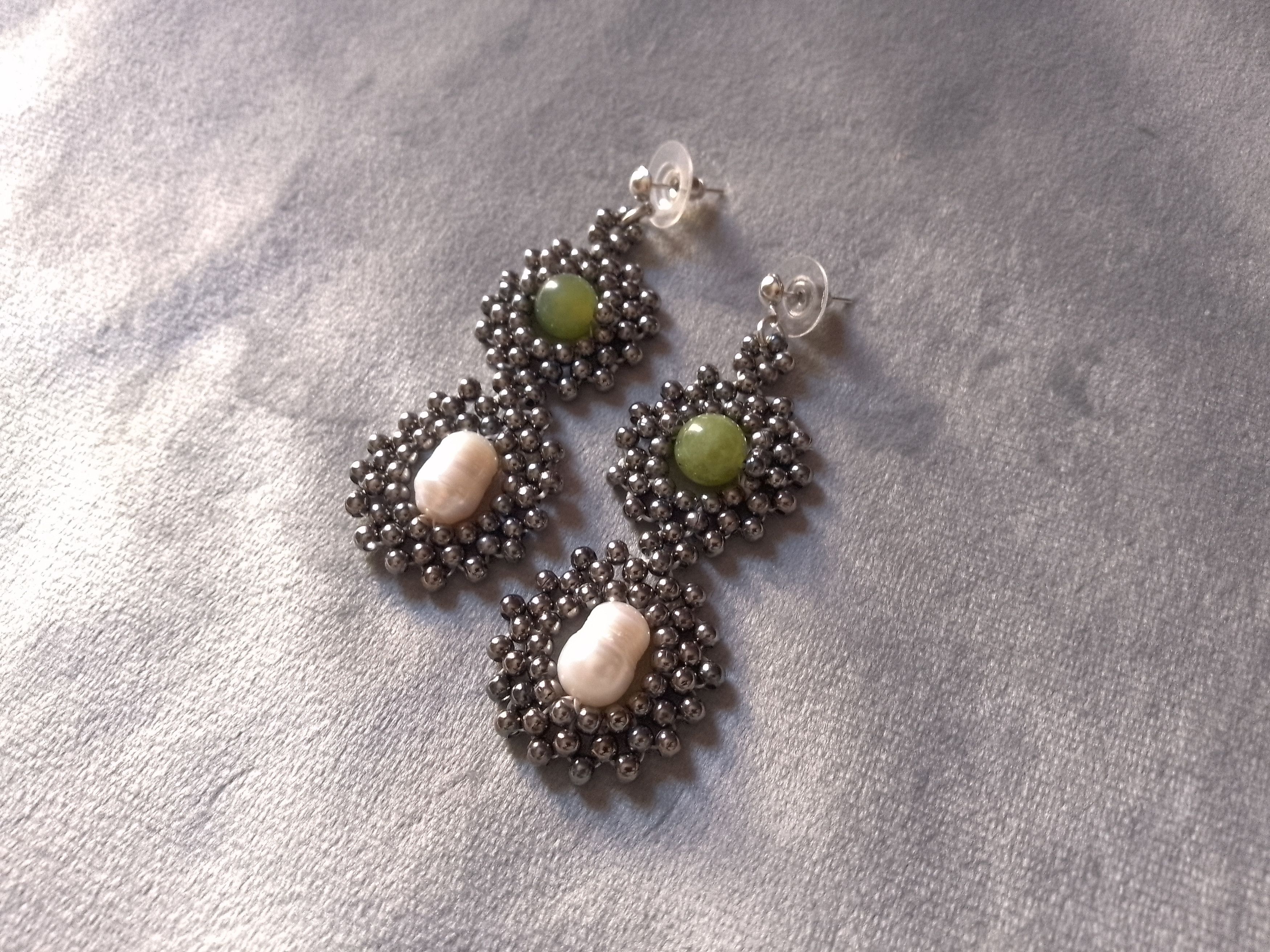 Handmade Earrings with natural freshwater pearls and green Jade Size ONE SIZE - 1 Thumbnail