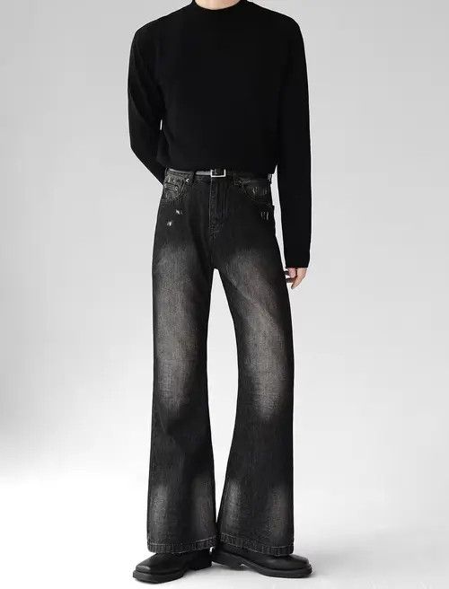 VIBE Smoky gray distressed micro-flared denim trousers Size US 34 / EU 50 - 1 Thumbnail