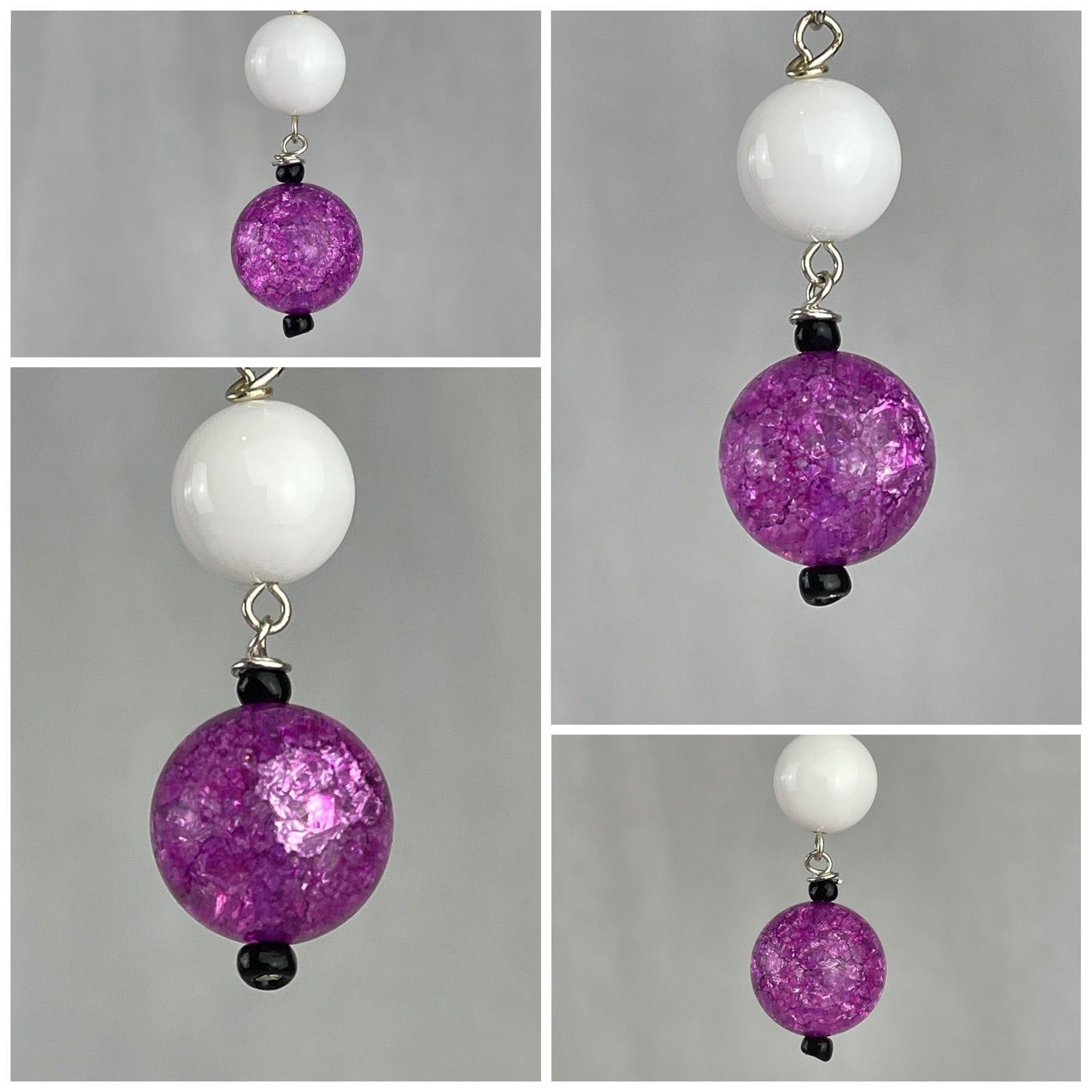Handmade Crackle Glass Magenta Cream White Bead Earrings Handmade Size ONE SIZE - 7 Thumbnail