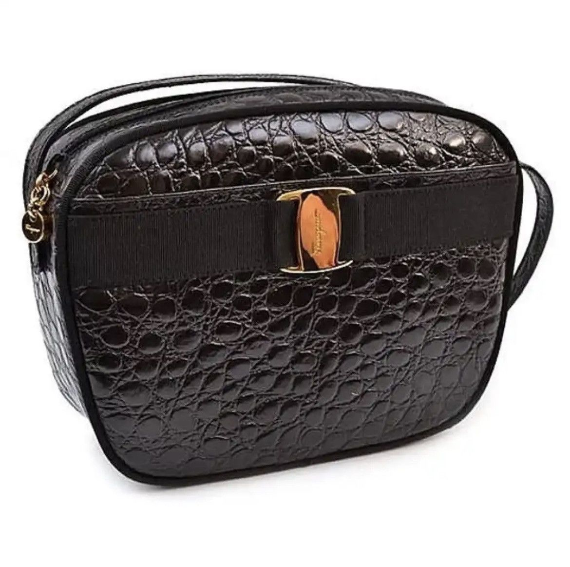 Salvatore Ferragamo Ferragamo Vala Black Croco Embossed Crossbody Bag Size ONE SIZE - 1 Thumbnail