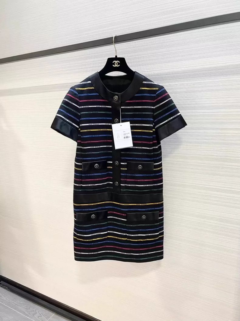 Chanel Black Striped Dress with Colorful Logo- DMC Size 22" - 1 Thumbnail
