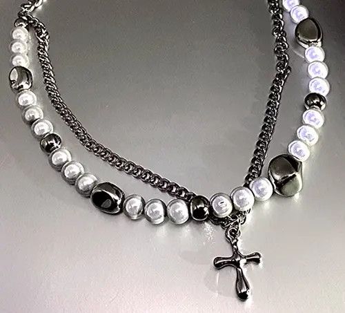 Jewelry Punk Hippie Crucifix Cross Patchwork Pearl Layer Necklace Size ONE SIZE - 4 Thumbnail