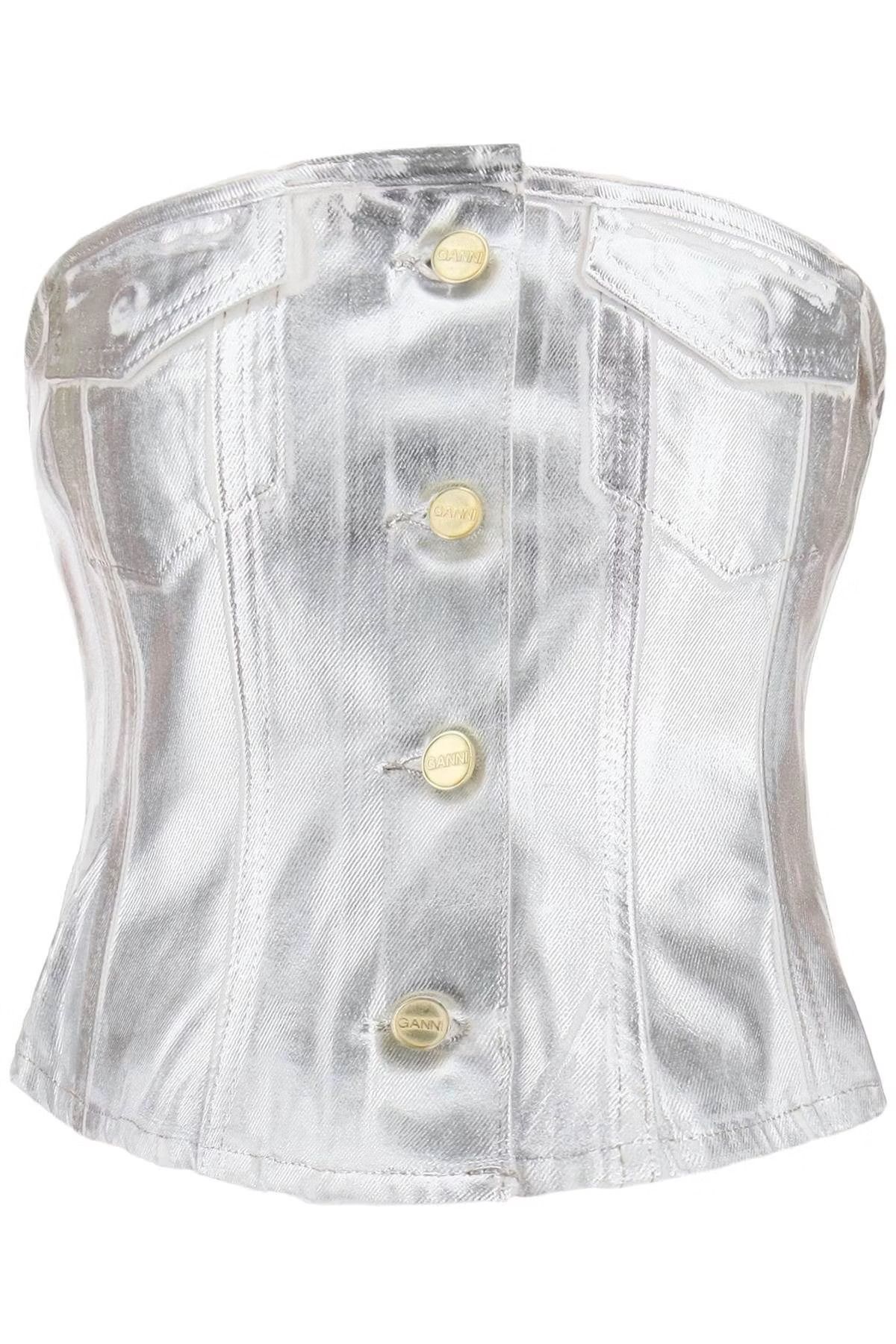 image of Ganni O1S22I1N0524 Denim Bustier Top In Silver, Women's (Size Small)