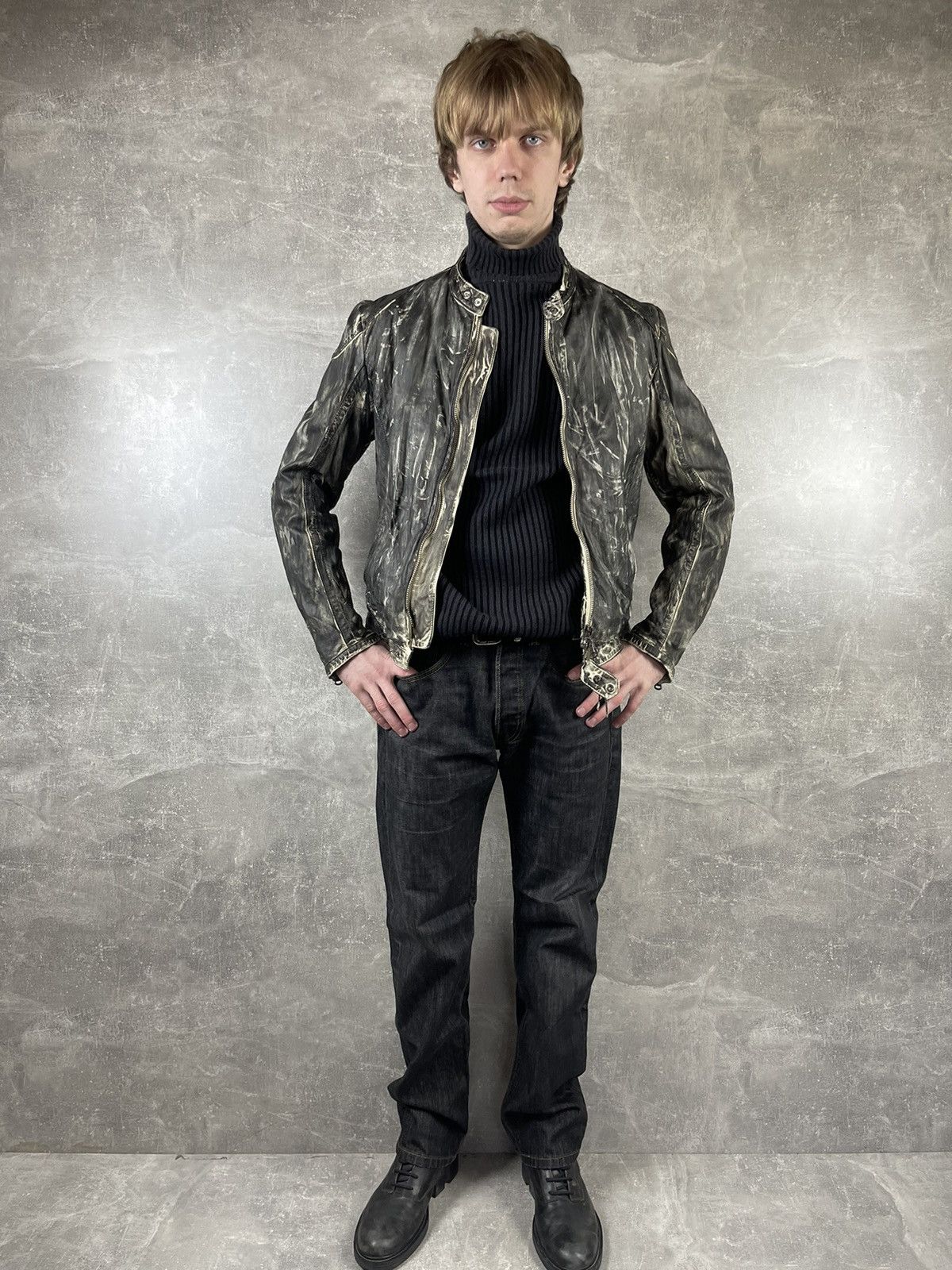 ジャケット・アウター Black leather jacket archive Vintage Archive Black/White Leather Faded Biker Jacket