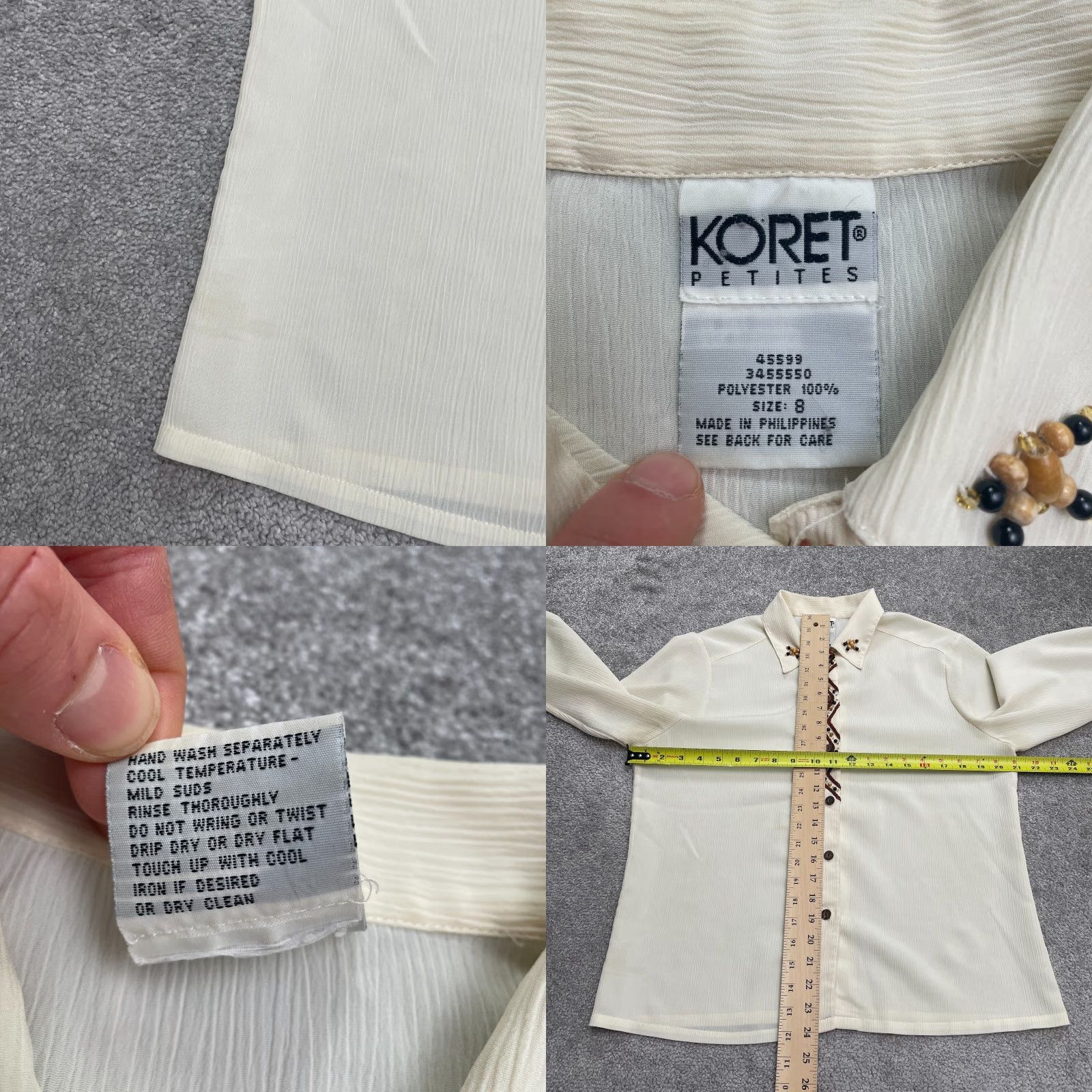 Vintage Koret Vintage Beaded Embroidered Button Down Shirt Womens Petite 8 Ivory Blouse Size M / US 6-8 / IT 42-44 - 8 Thumbnail