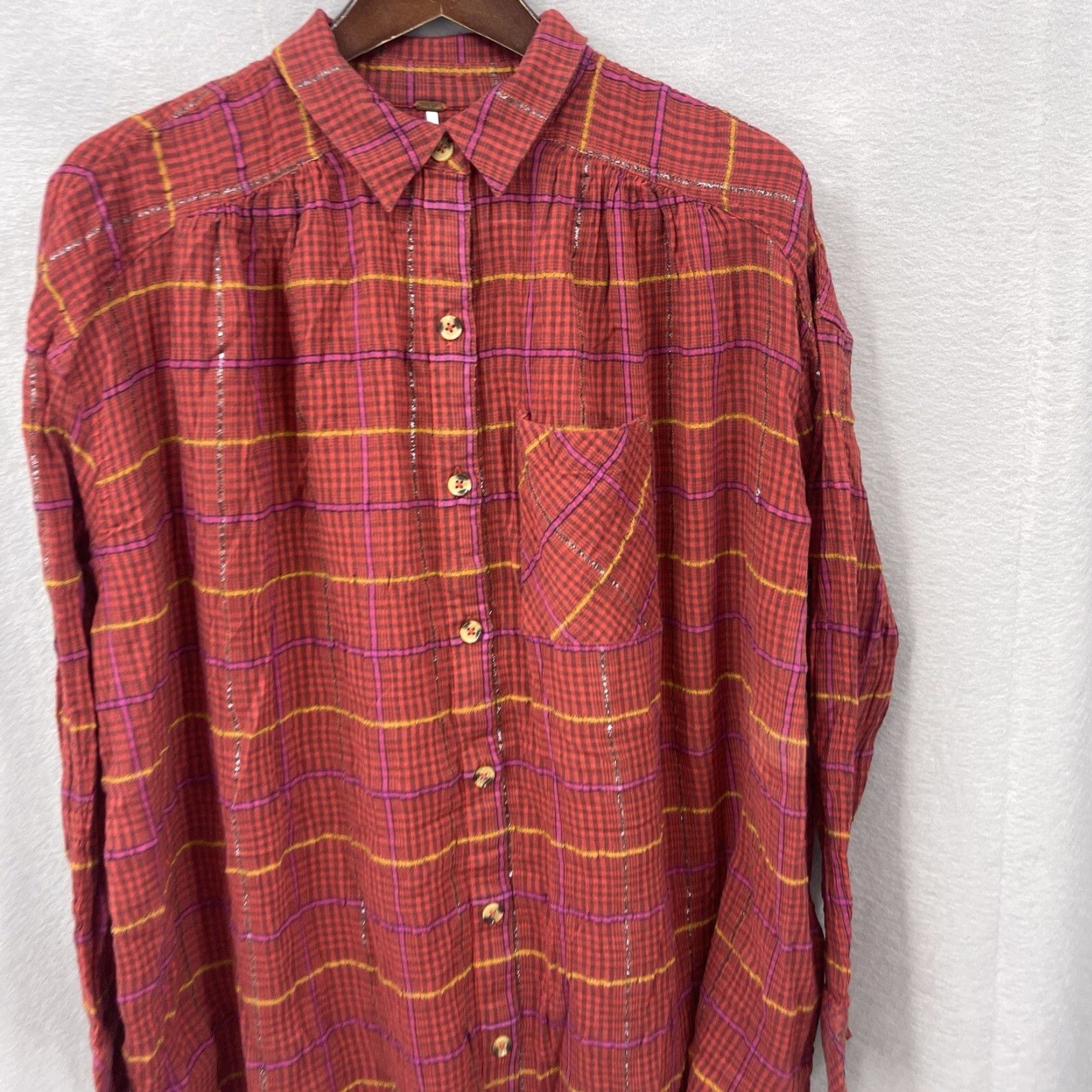 Free People Free People Shirt Womens M Plaid Oversized Button-Up x Bohemian Grunge Casual Fall Winter Spring Summer Red Size M / US 6-8 / IT 42-44 - 5 Thumbnail