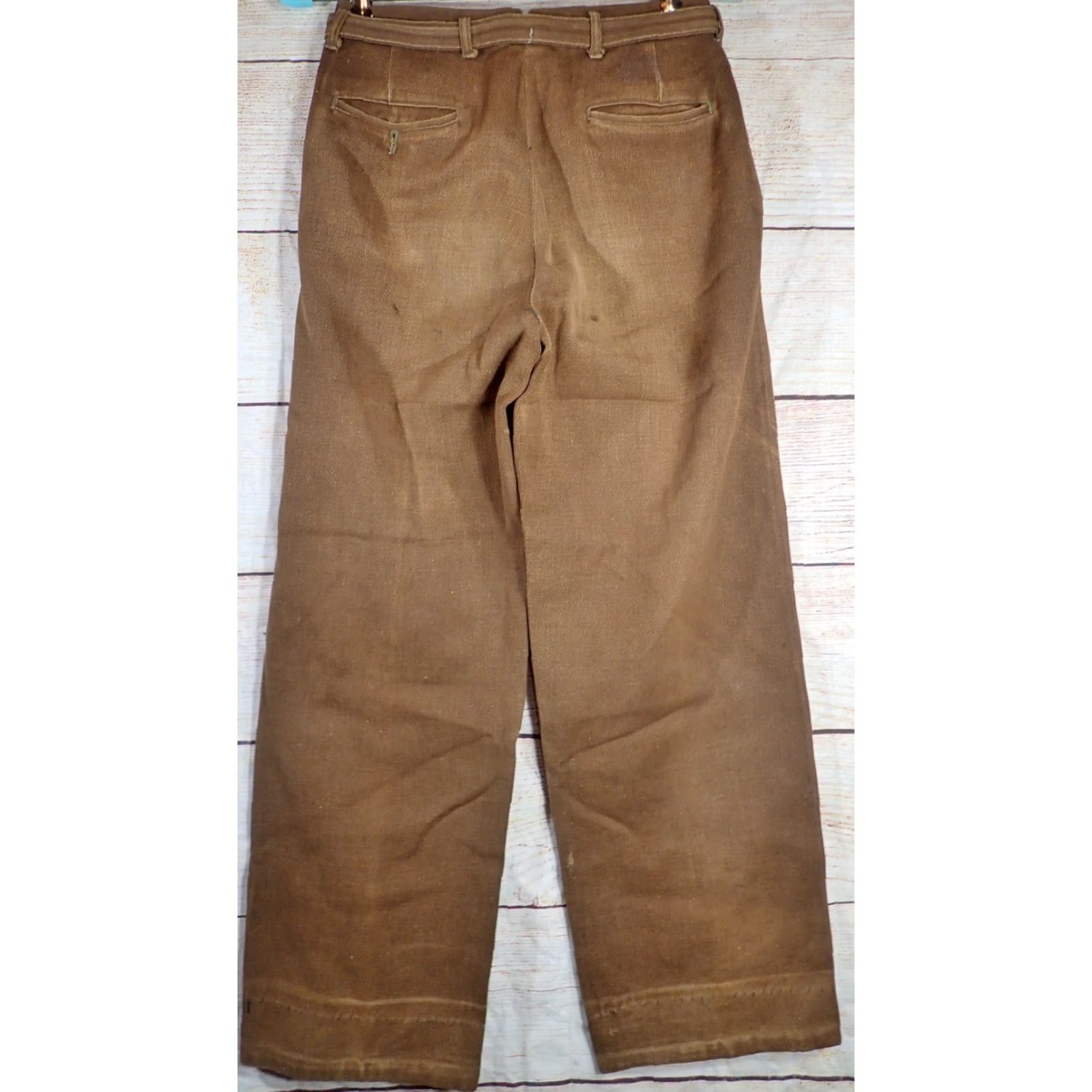 CLOT VINTAGE 1930s Lanshire Cloth Brown Gabardine Pleated Trousers 26x26 Men’s Pants with Belt Edwardian Style Straight Leg Flat Front WWII Era Size US 26 / EU 42 - 3 Thumbnail