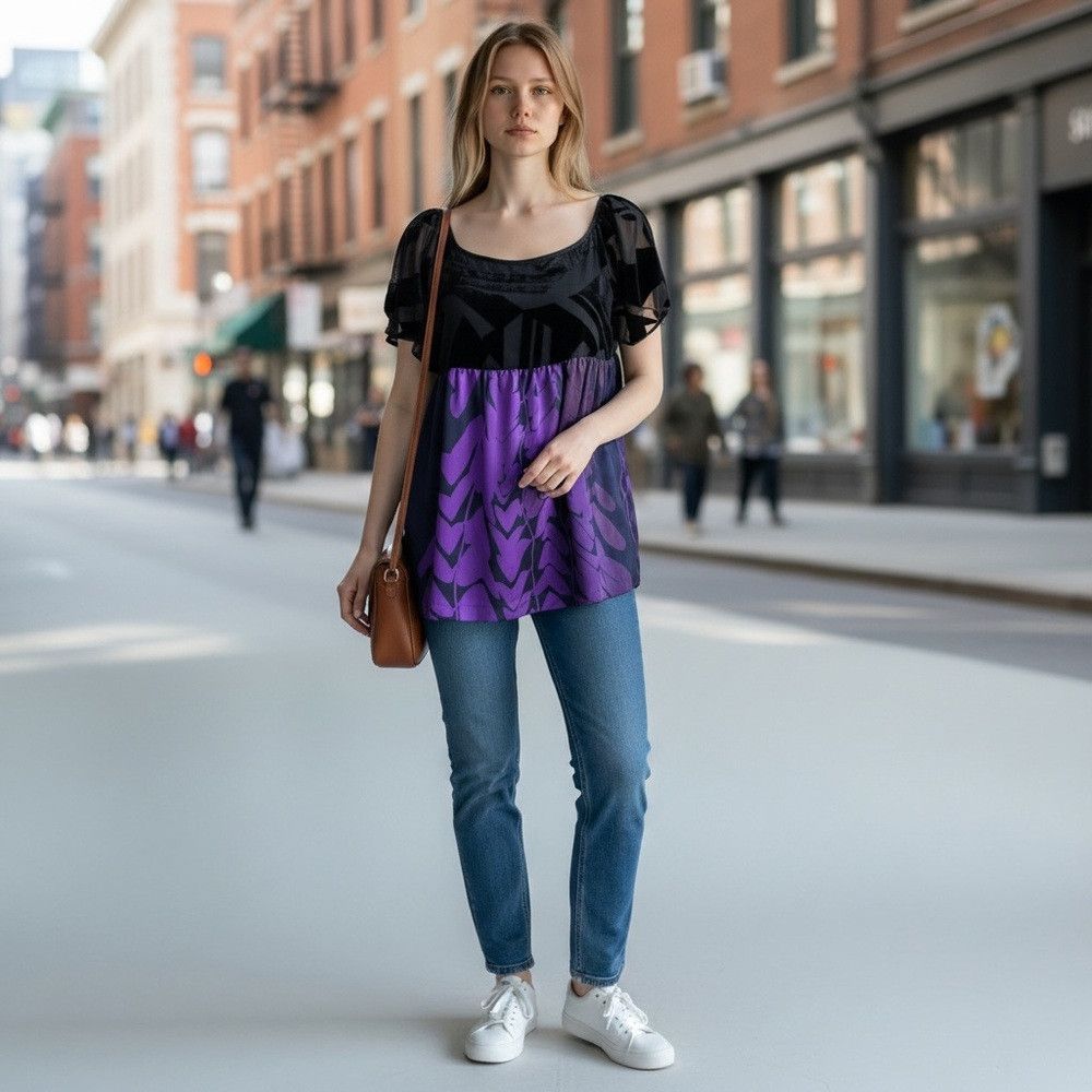 Anthropologie MINT Jodi Arnold Silk Short Sleeve Black Purple Geometric P Size M / US 6-8 / IT 42-44 - 1 Thumbnail