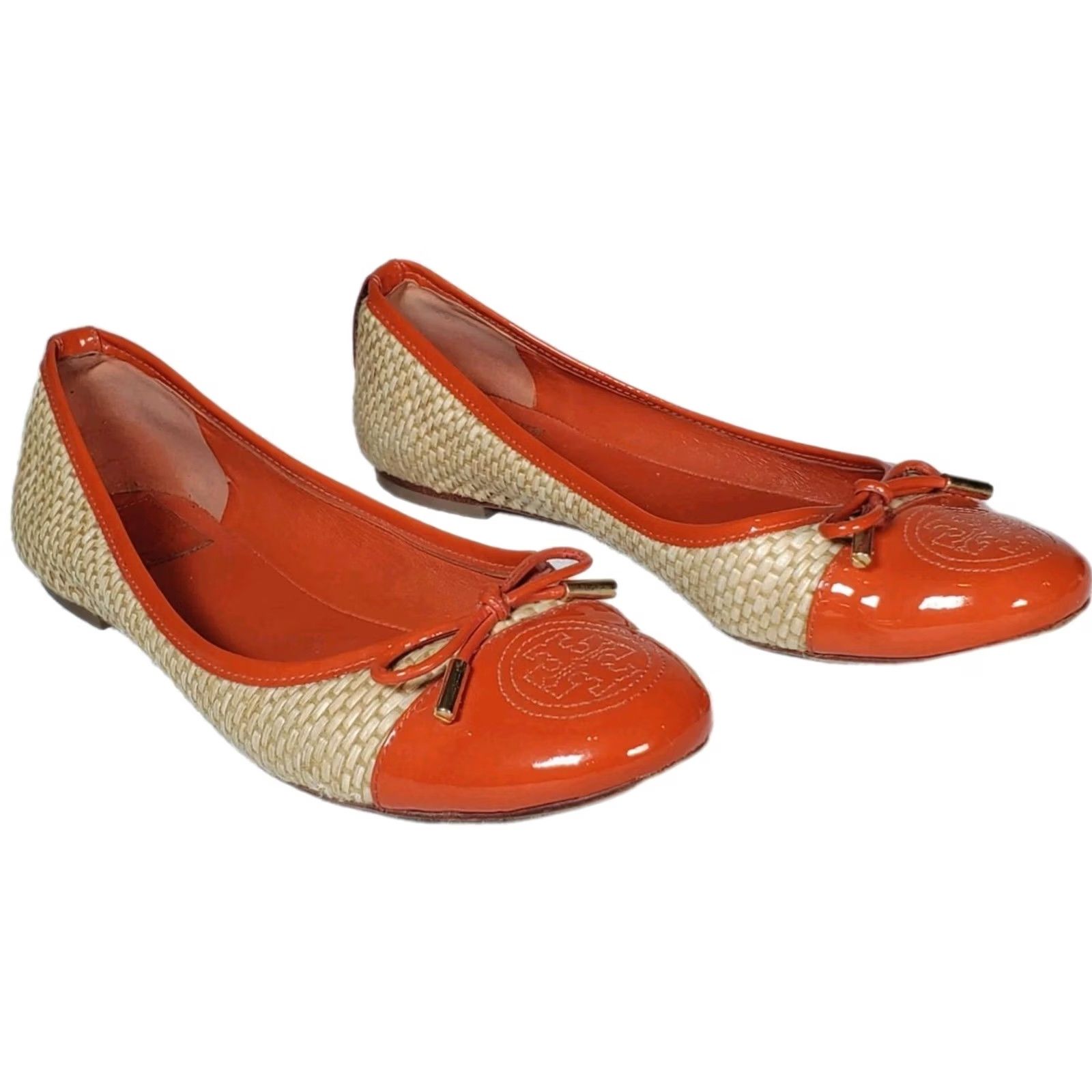 Tory Burch Tory Burch Catherine Cap Toe Raffia Patent Ballet Flats Orange Bow Women's US 8 Ballet Flat M Size ONE SIZE - 2 Thumbnail