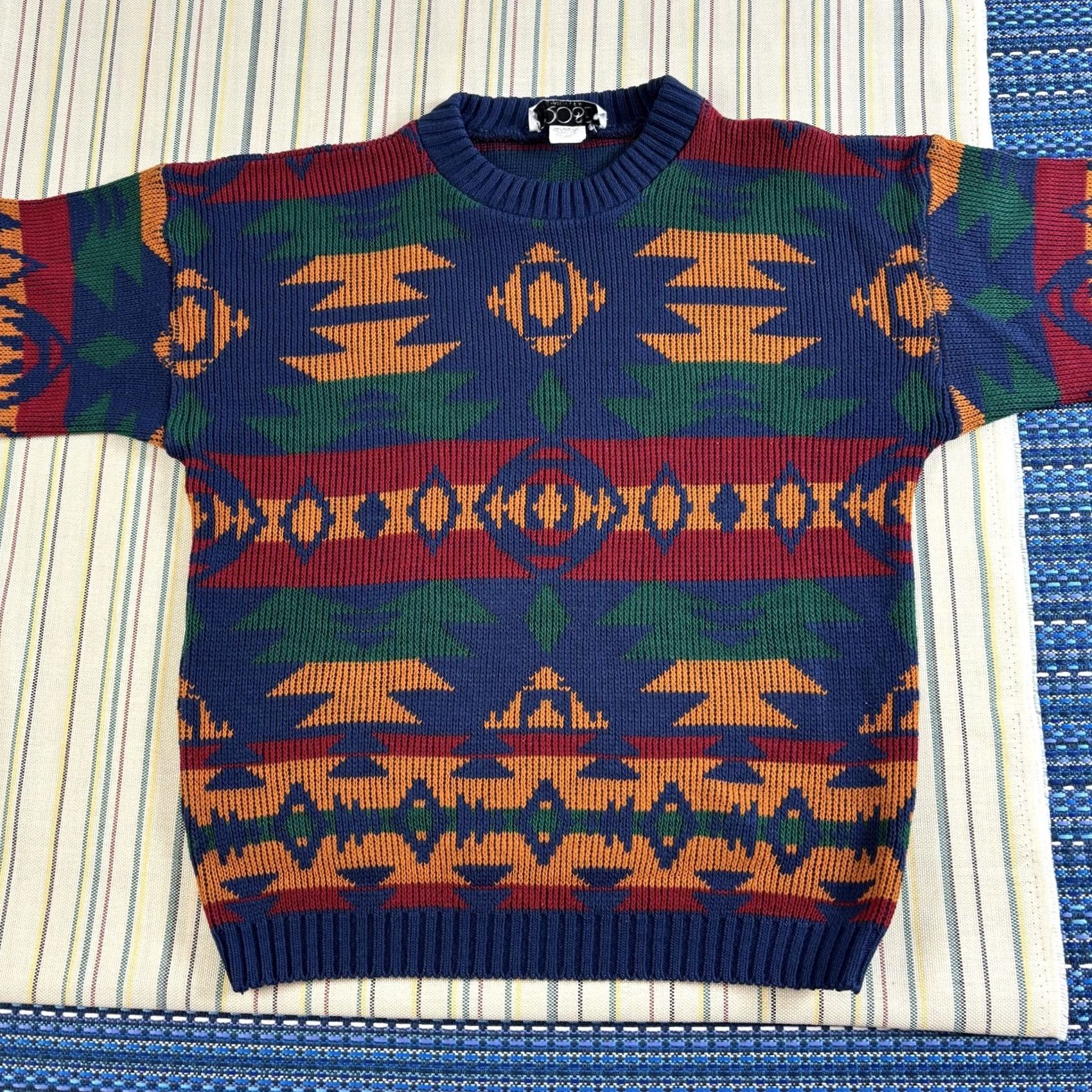 Vintage Rose Sweater Medium Navy Blue Aztec Knit Pullover Usa 90s Mens, Men's — image 5 of 6