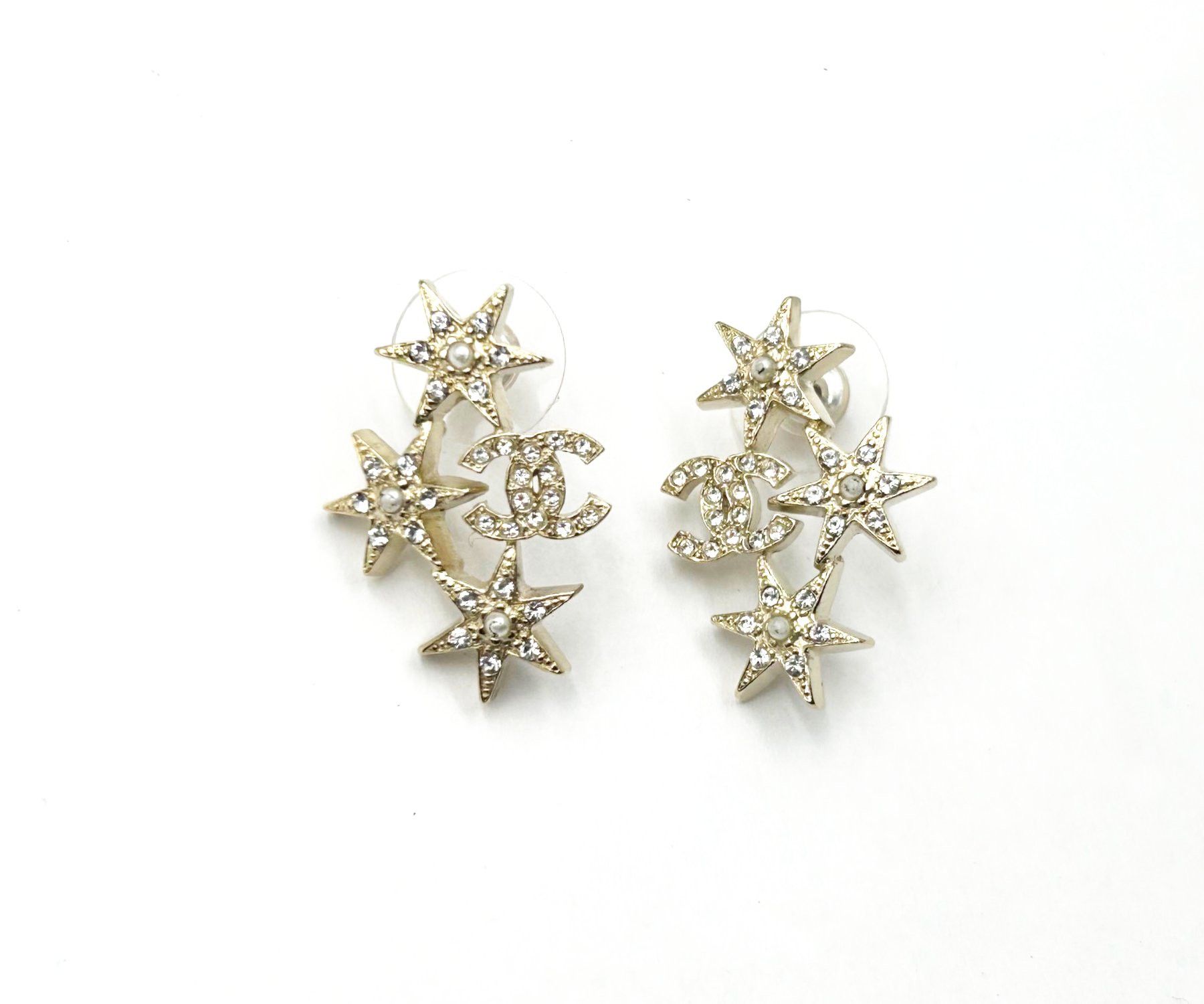Chanel Gold 3 Star Crystal Piercing Earrings