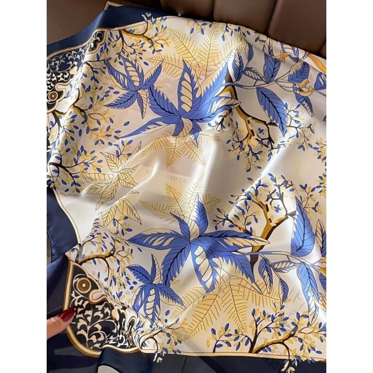 Other ⭐Elegant Luxurious Bandana Square Silky Scarf Blue Beige Flo Size ONE SIZE - 3 Thumbnail