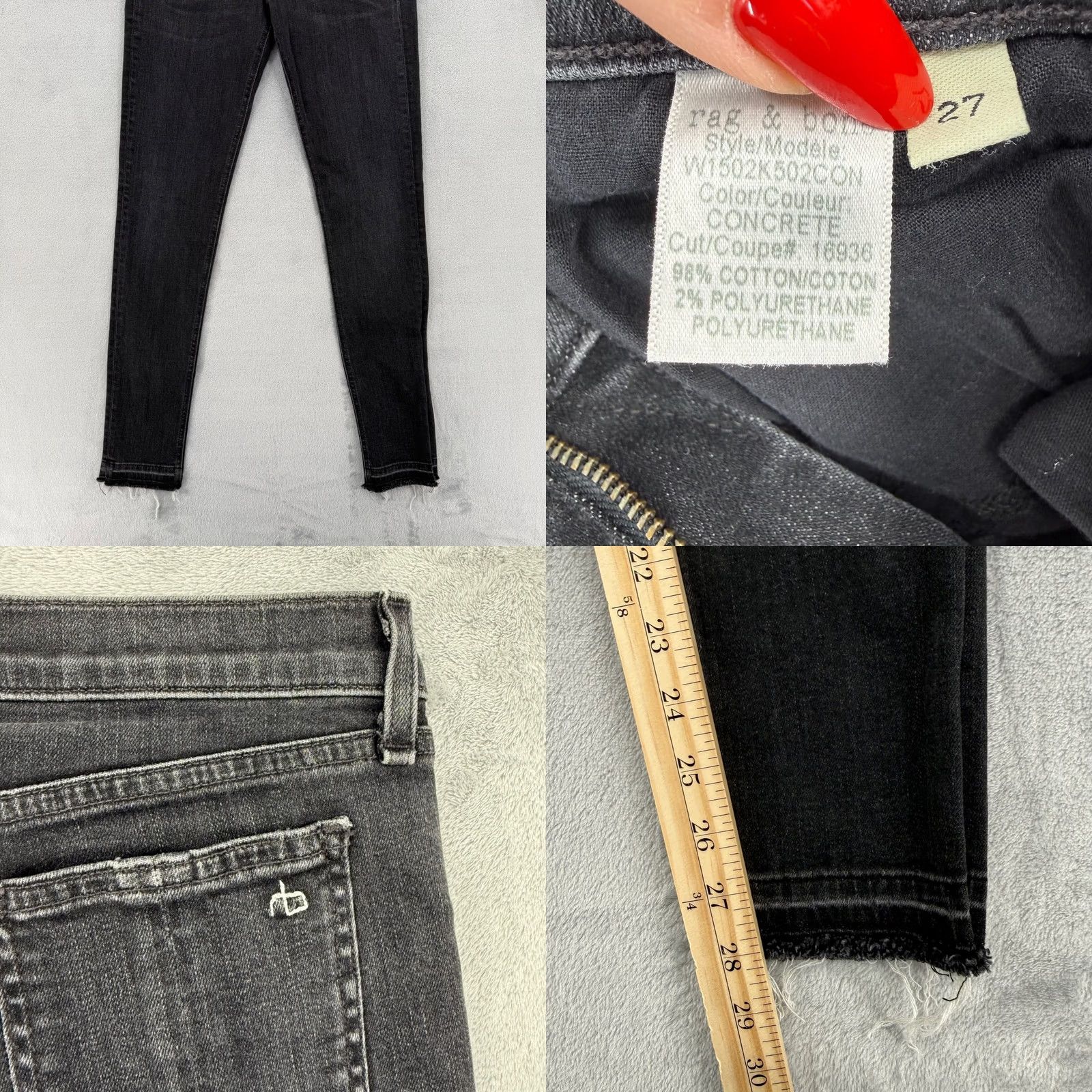 Rag & Bone rag & bone Skinny Jeans Concrete Black Raw Hem Womens Size 27 Size 27" / US 4 / IT 40 - 8 Thumbnail