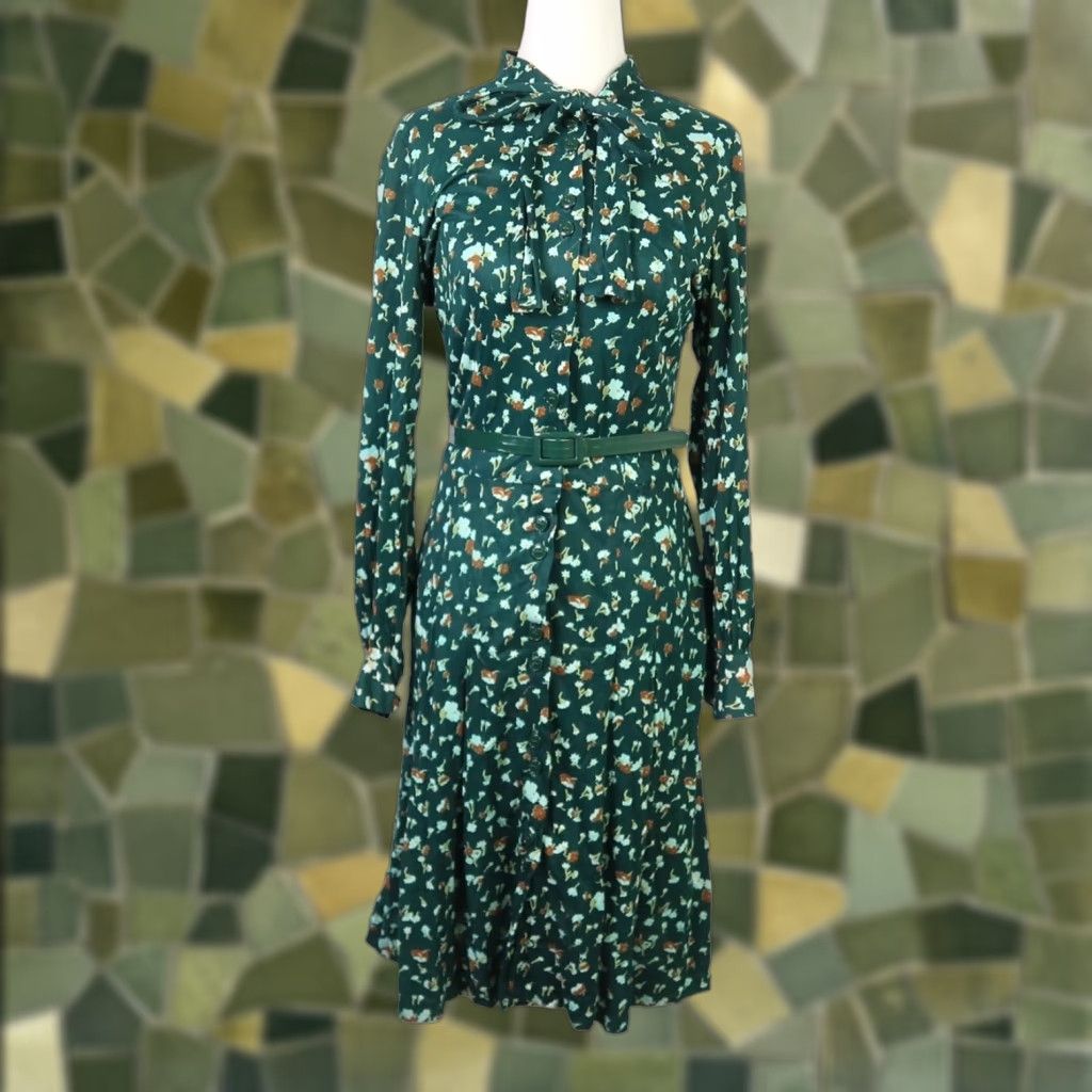 VINTAGE 70s Eric & Allen dark green floral print mini shirt dress S Women Long Sleeve Short Length A-Line Button belt)