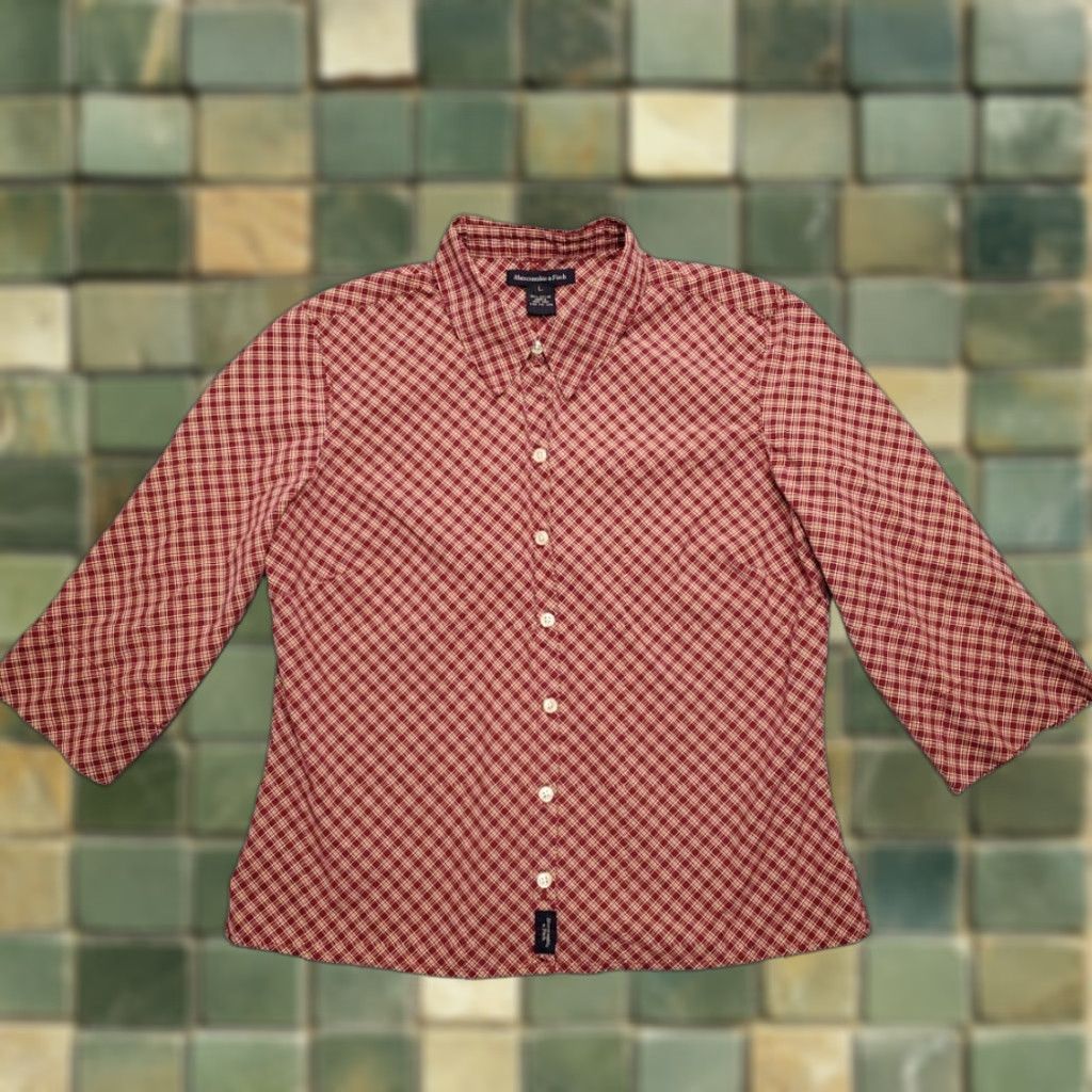 Abercrombie & Fitch VINTAGE Abercrombie & Fitch Shirt Womens Large Maroon Plaid 3/4 Sleeve Button-Up Casual Cotton Size L / US 10 / IT 46 - 1 Thumbnail