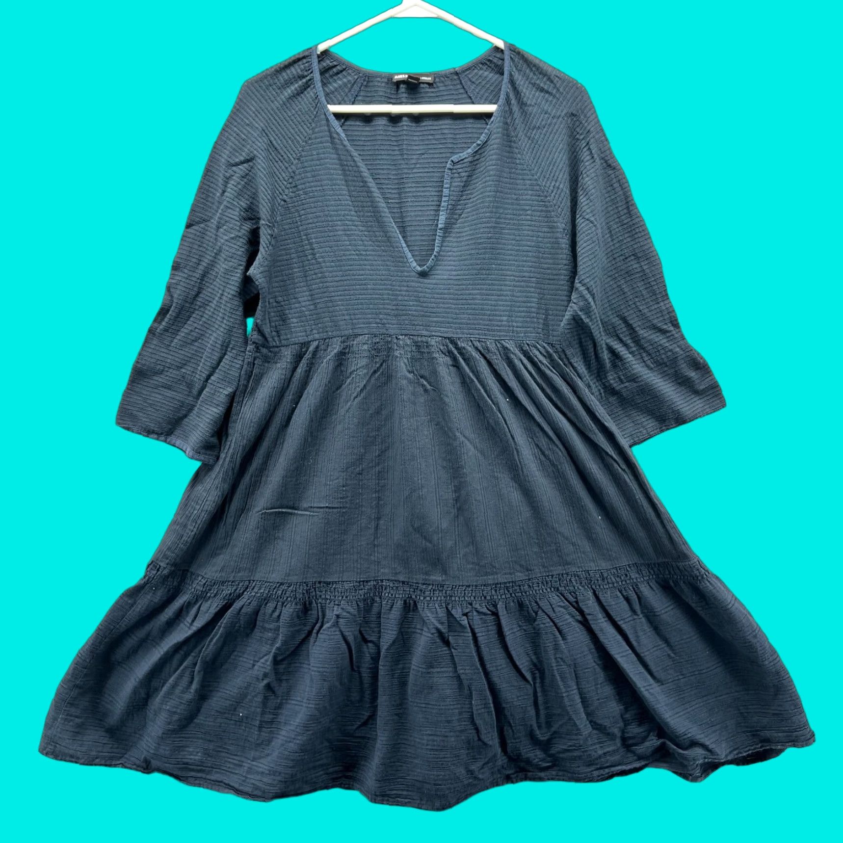 James Perse James Perse Dress Women 0 Blue Italy Cotton V Neck Striped Collage Stripe Shirting A lin Size XS / US 0-2 / IT 36-38 - 1 Thumbnail