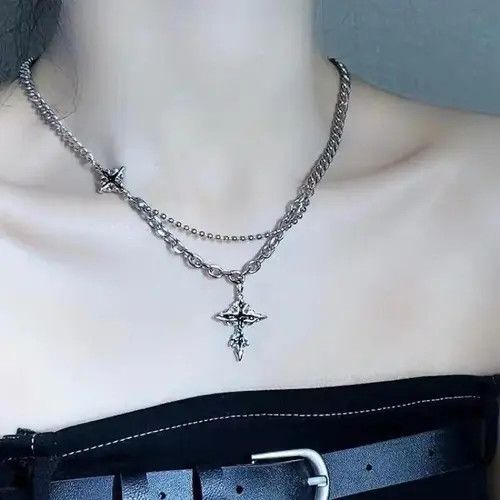 Jewelry × Vintage Double Layer Splicing Chain with Cross Pendant Necklace Size ONE SIZE - 3 Thumbnail