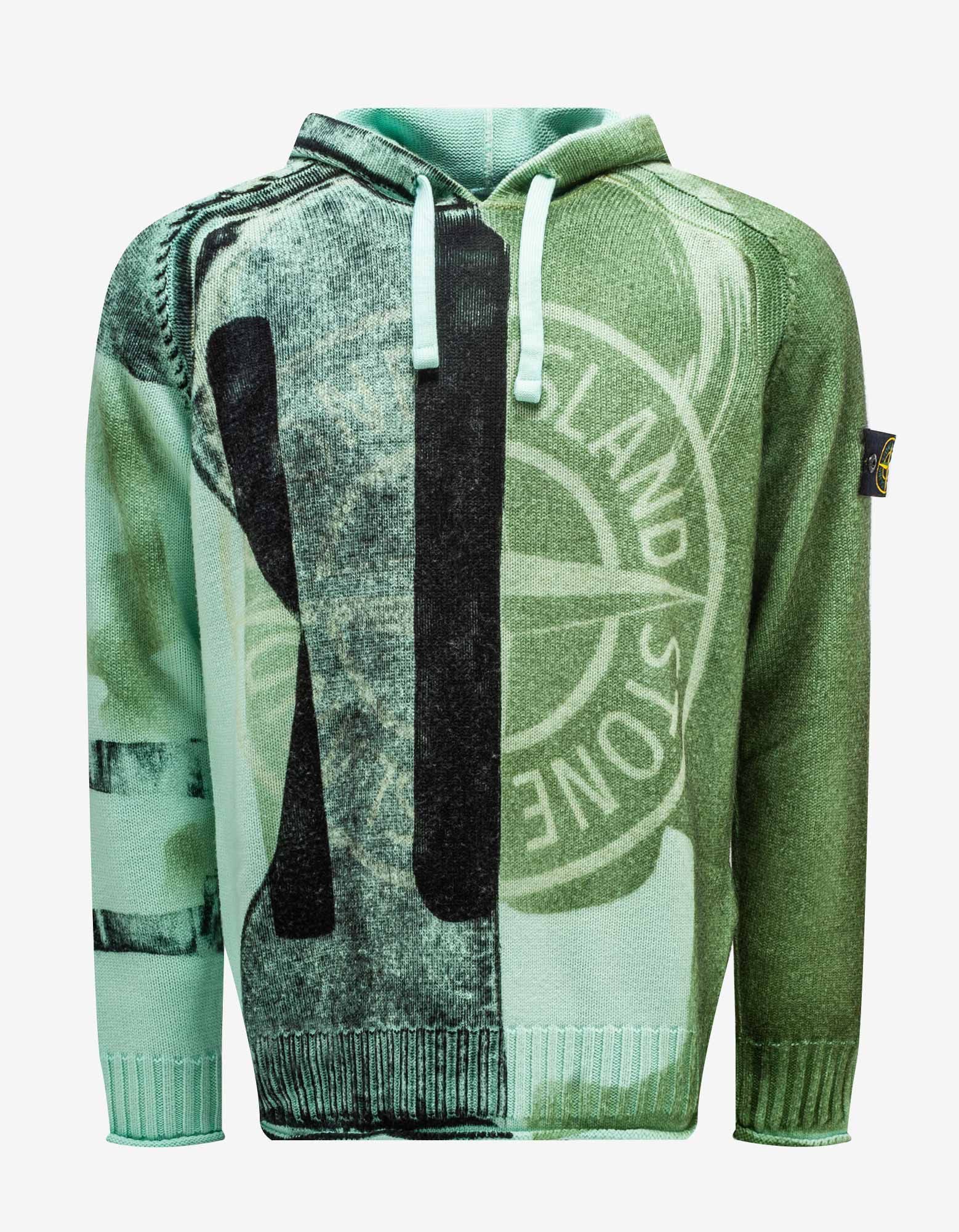 image of Stone Island Aqua Motion Saturation Logo Knitted Hoodie in Blue/Green, Men's (Size Small)