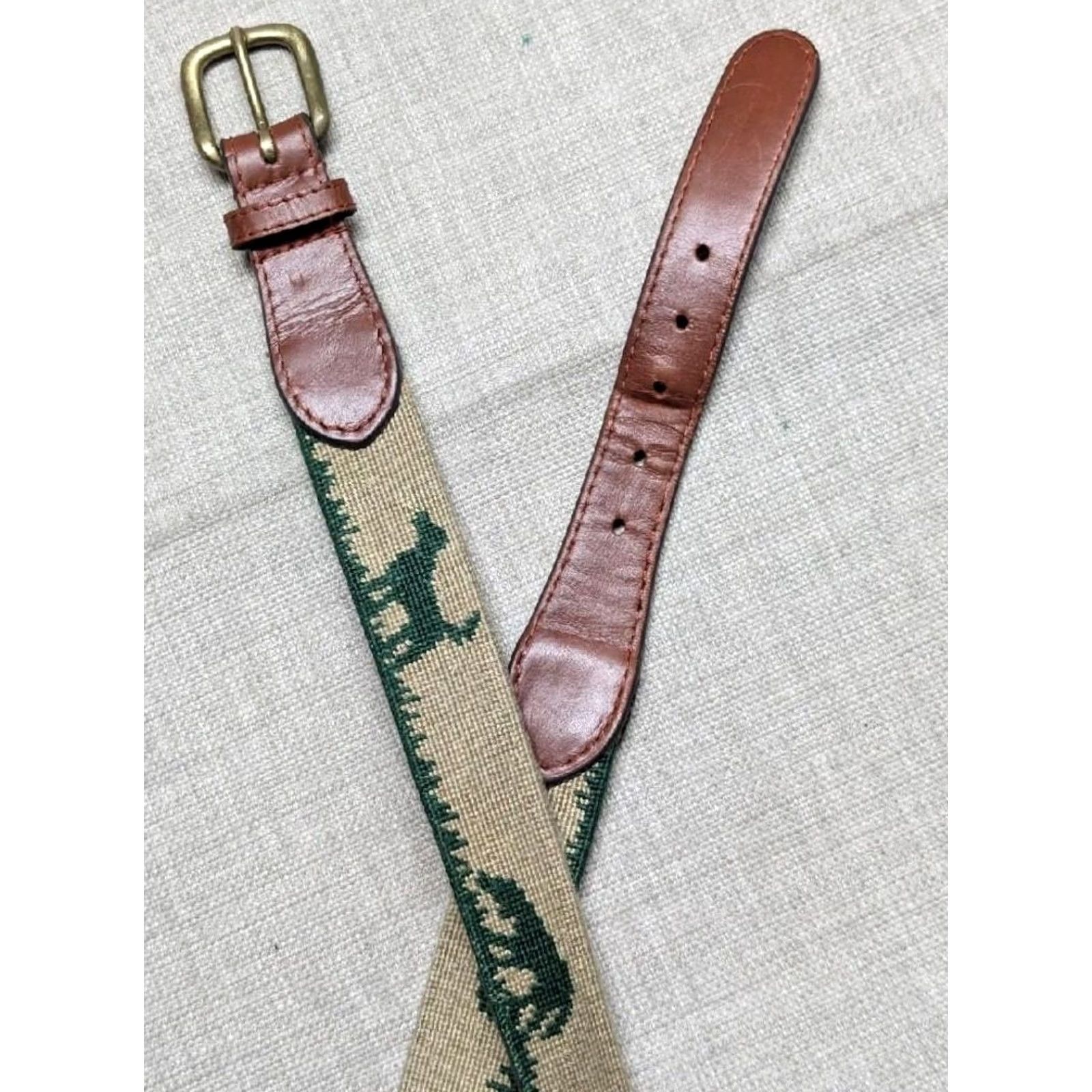 Smathers & Branson VINTAGE Smathers & Branson needlepoint belt 38 brown leather DOG fox hunting GOLF preppy Size 38 - 2 Thumbnail