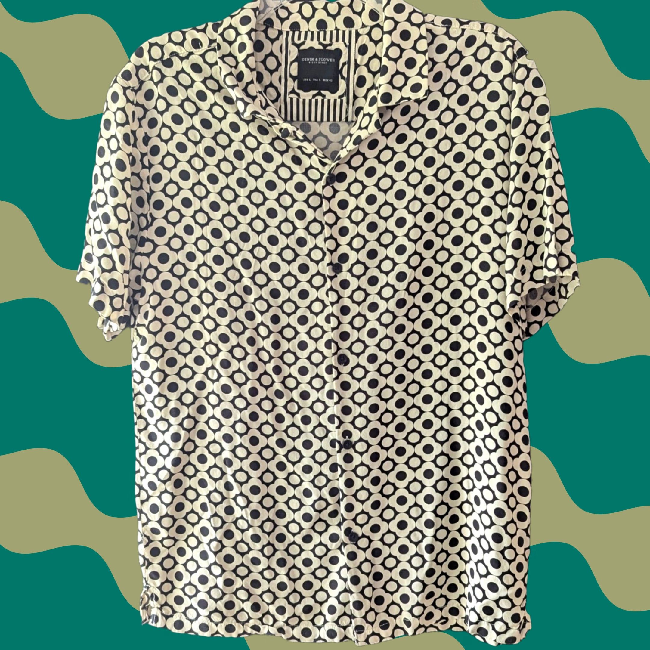 Denime Denim & Flower Mens Short Sleeve Shirt Black White Floral Geometric Retro Mod L Size US L / EU 52-54 / 3 - 1 Thumbnail