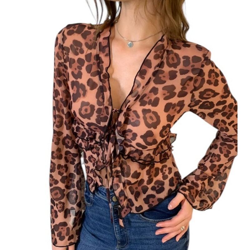 Other Commense Brown Leopard Print Semi-Sheer Ruffle V-Neck Blouse Size XL / US 12-14 / IT 48-50 - 4 Thumbnail