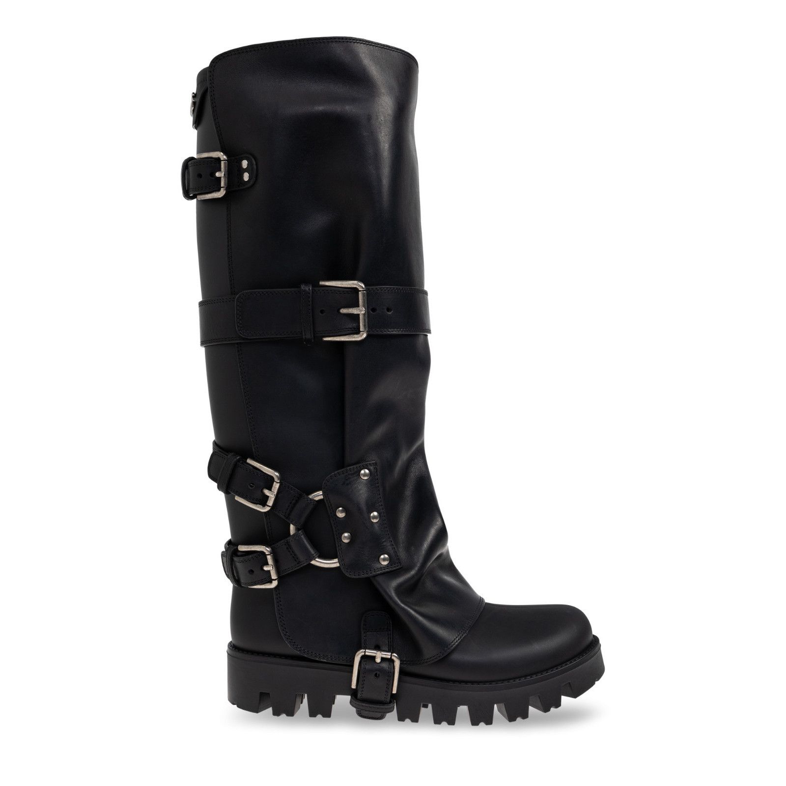 DOLCE&GABBANA Buckles Knee High Black Leather Boots New & Au