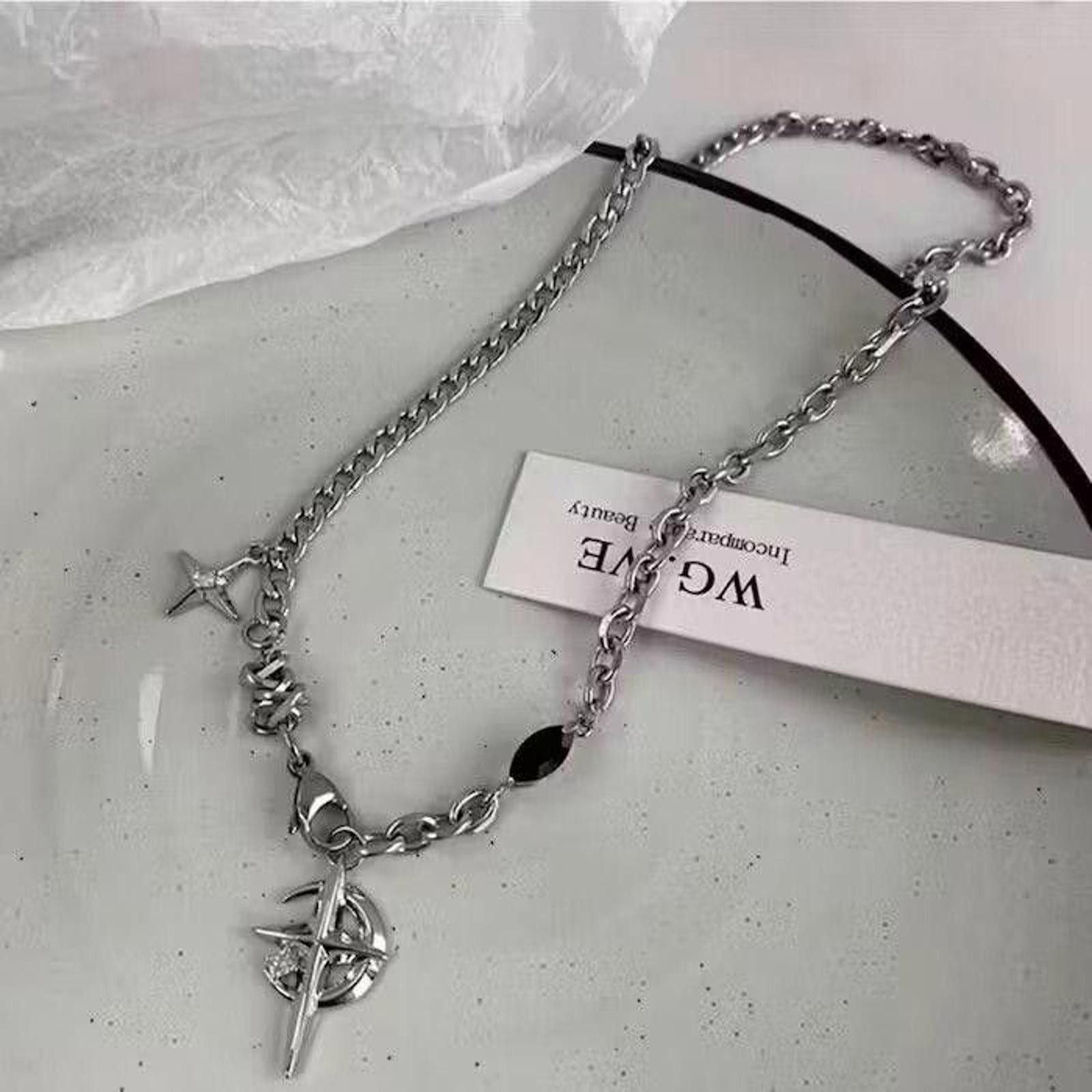 Jewelry Cross Chrome Crescent Moon Chain Silver Goth Vibe Necklace Size ONE SIZE - 2 Thumbnail